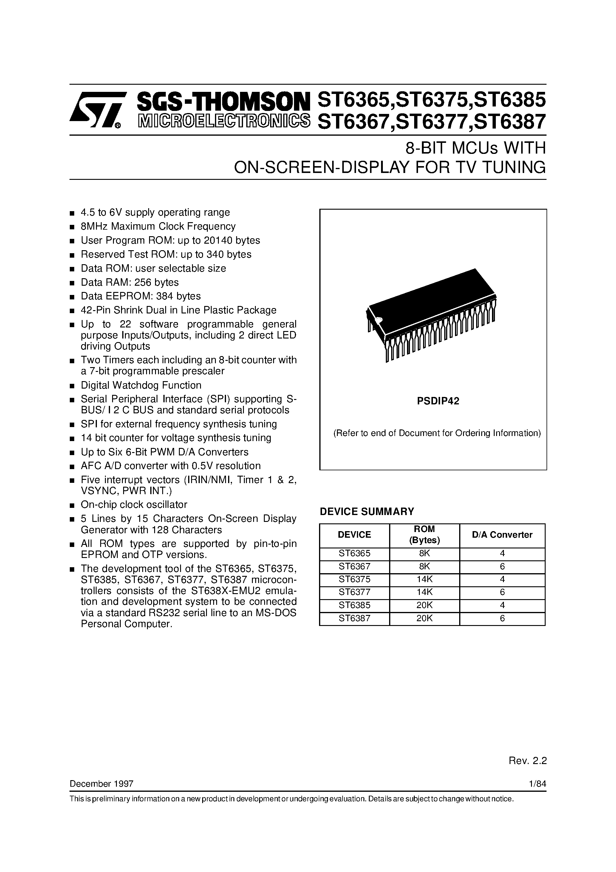 Datasheet ST6387 - 8-BIT MCUs WITH ON-SCREEN-DISPLAY FOR TV TUNING page 1