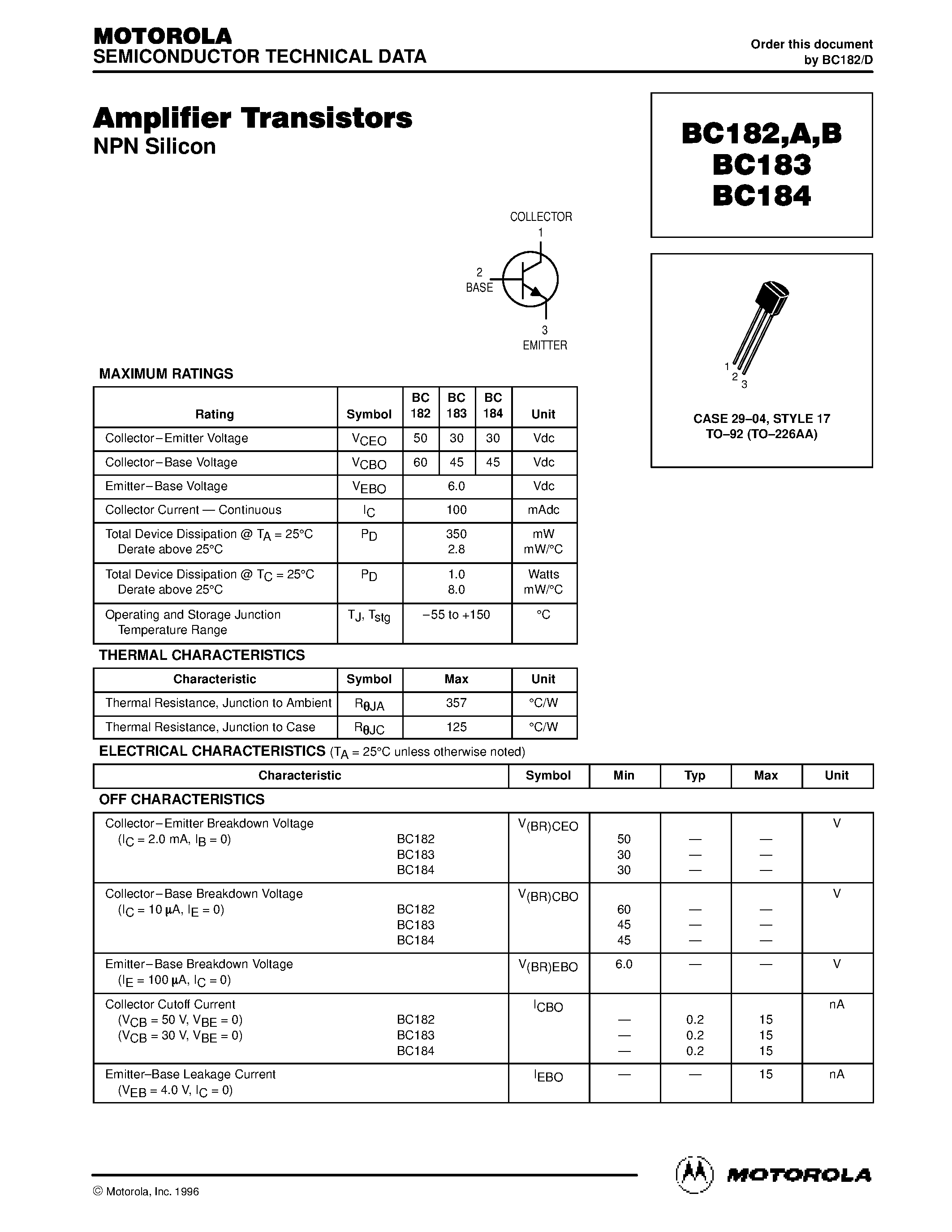 Datasheet BC182B - Amplifier Transistors(NPN) page 1