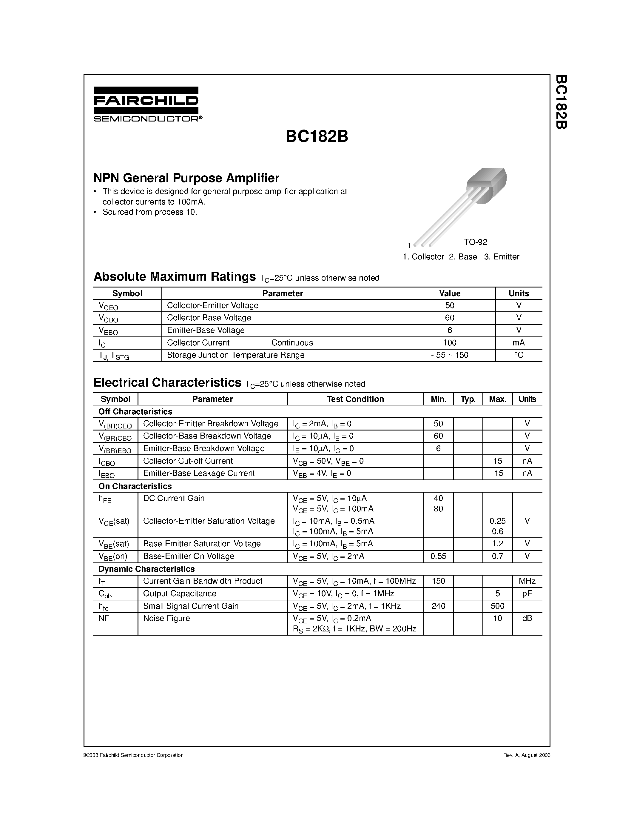 Datasheet BC182B - NPN General Purpose Amplifier page 1