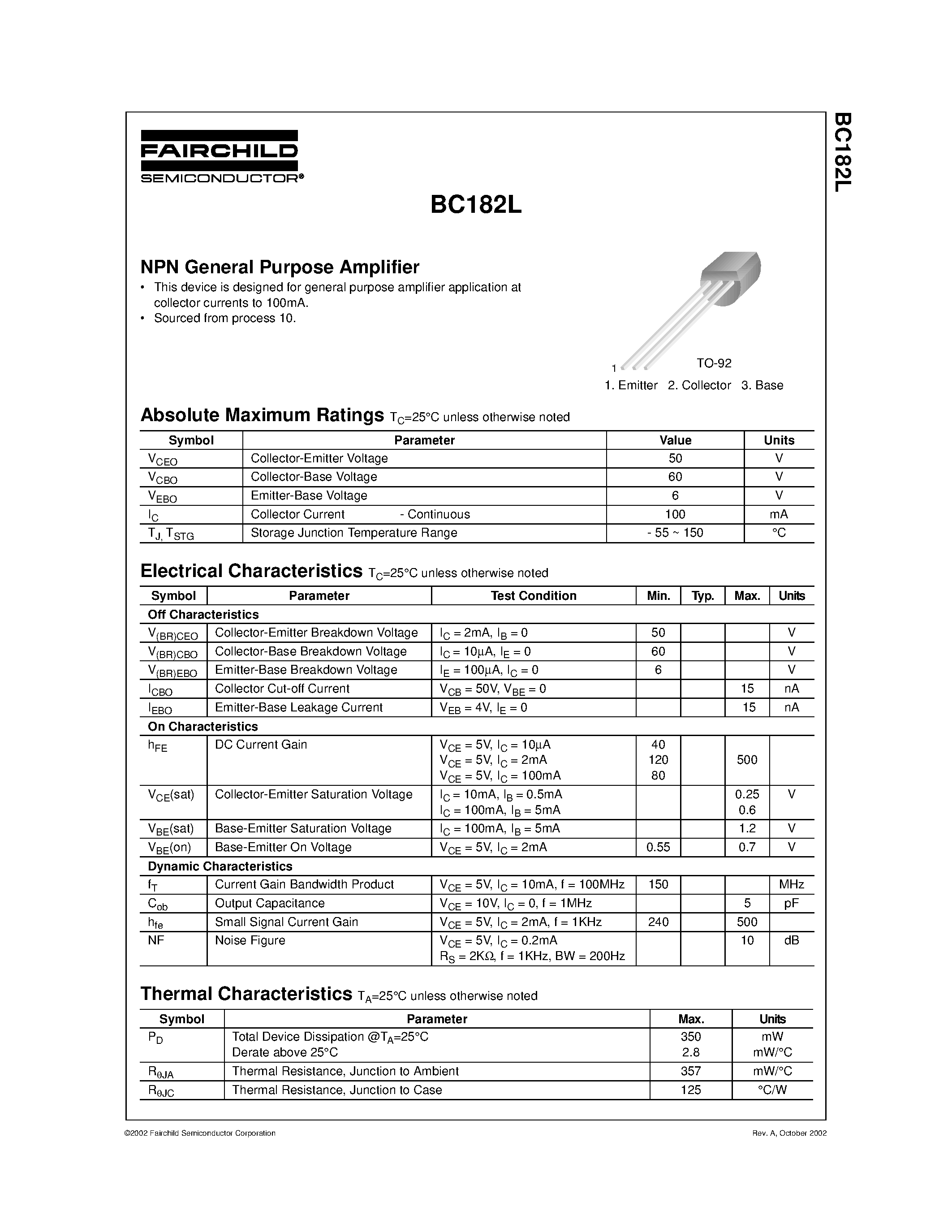 Datasheet BC182L - NPN General Purpose Amplifier page 1