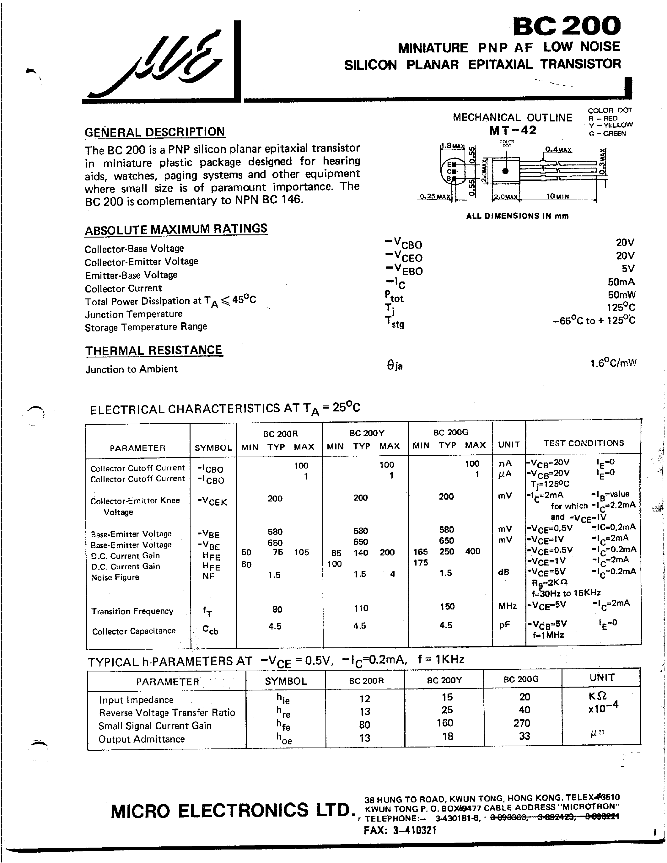 Datasheet BC200 - MINIATURE PNP AF LOW NOISE SILICON PLANAR EPITAXIAL TRANSISTOR page 1