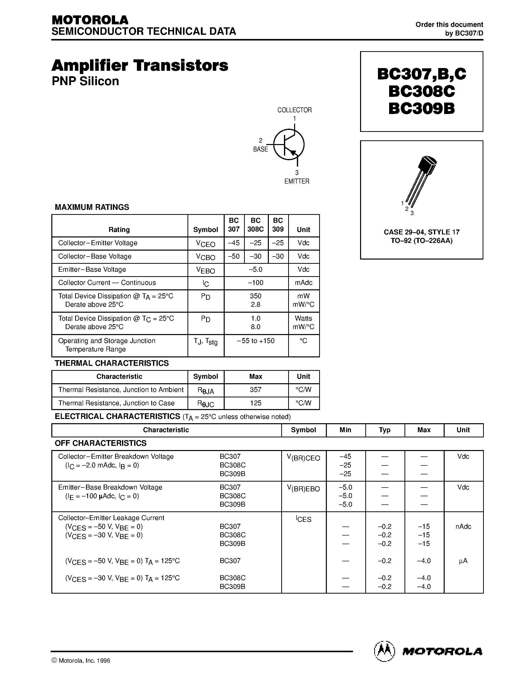 Datasheet BC307 - Amplifier Transistors(PNP) page 1