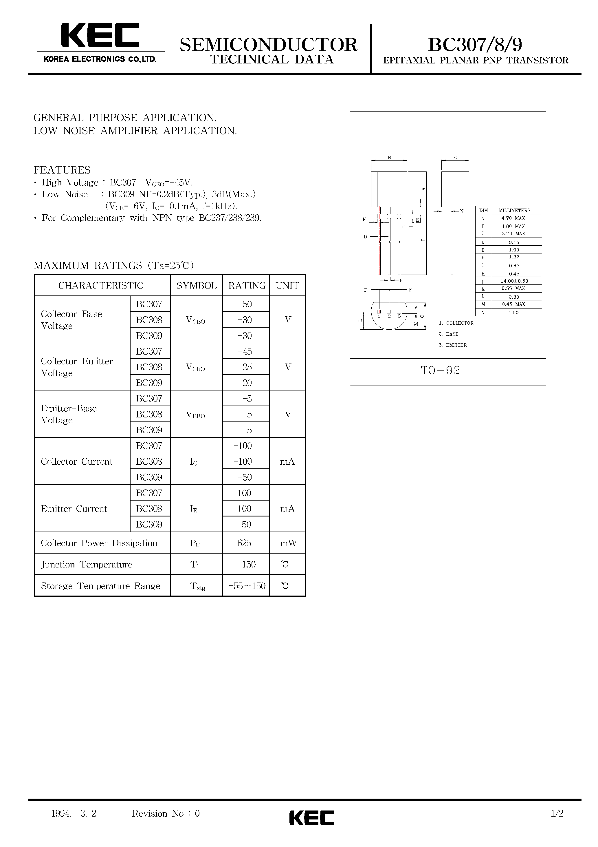 Datasheet BC307 - EPITAXIAL PLANAR NPN TRANSISTOR (GENERAL PURPOSE / LOW NOISE AMPLIFIER) page 1