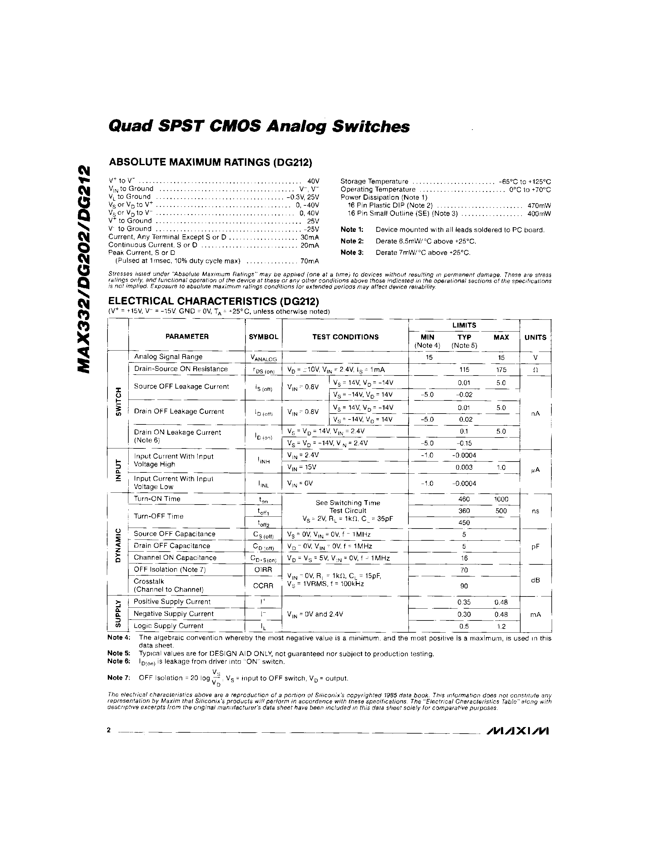 Datasheet DG212C/D - Quad SPST SMOS Analog Switches page 2