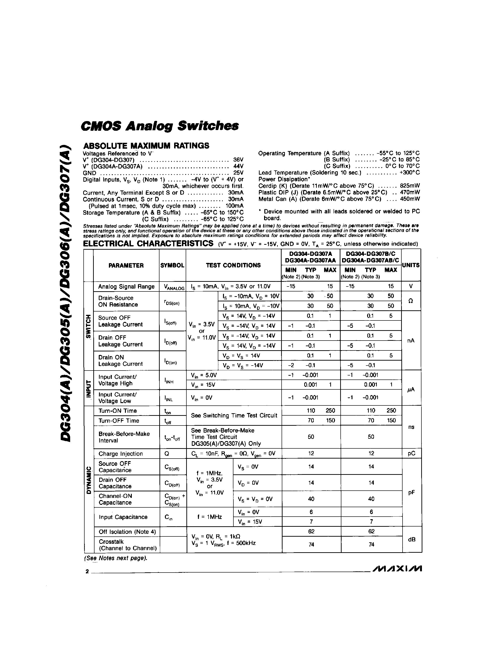 Даташит DG305AC/D - CMOS Analog Switchs страница 2