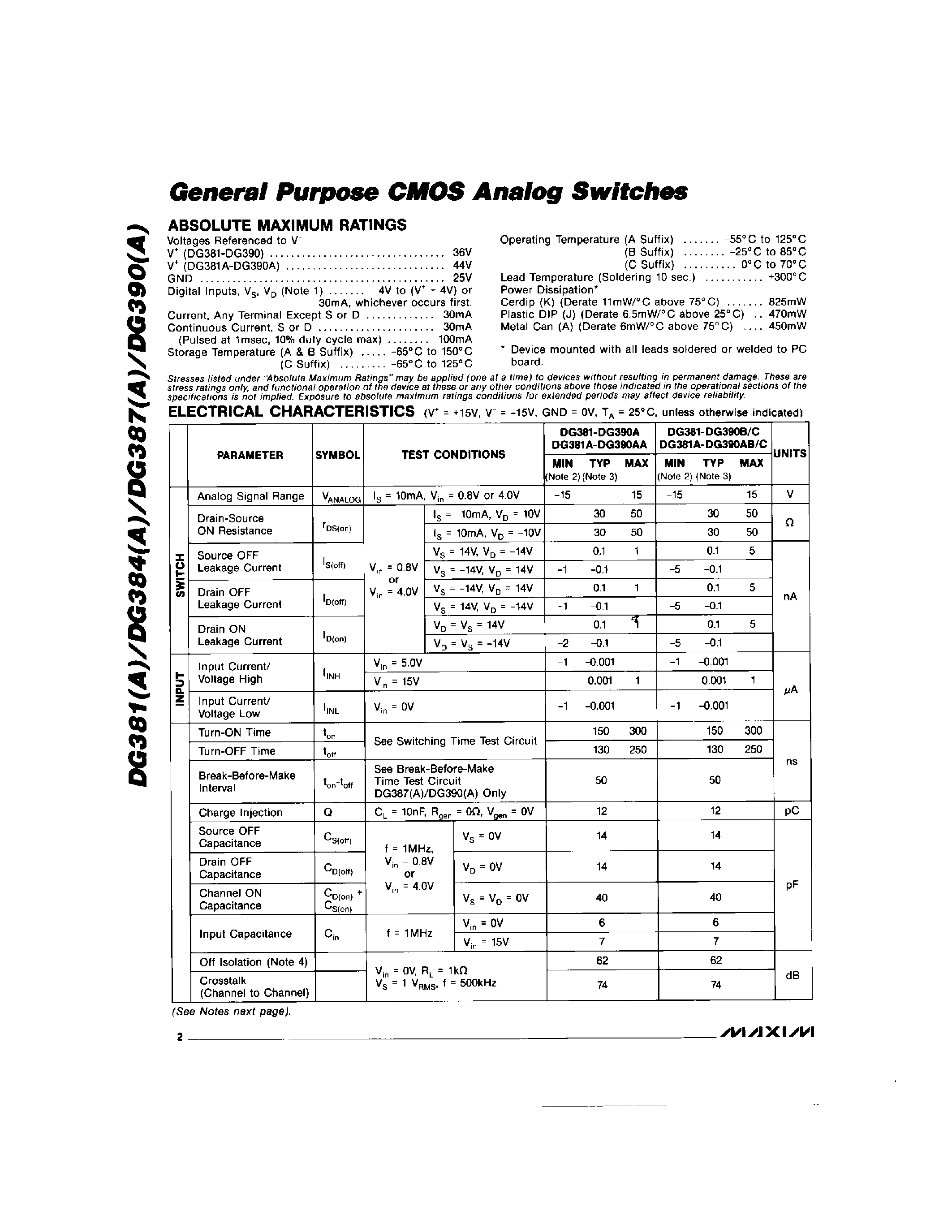 Даташит DG387AC/D - General Purpose CMOS Analog Switches страница 2