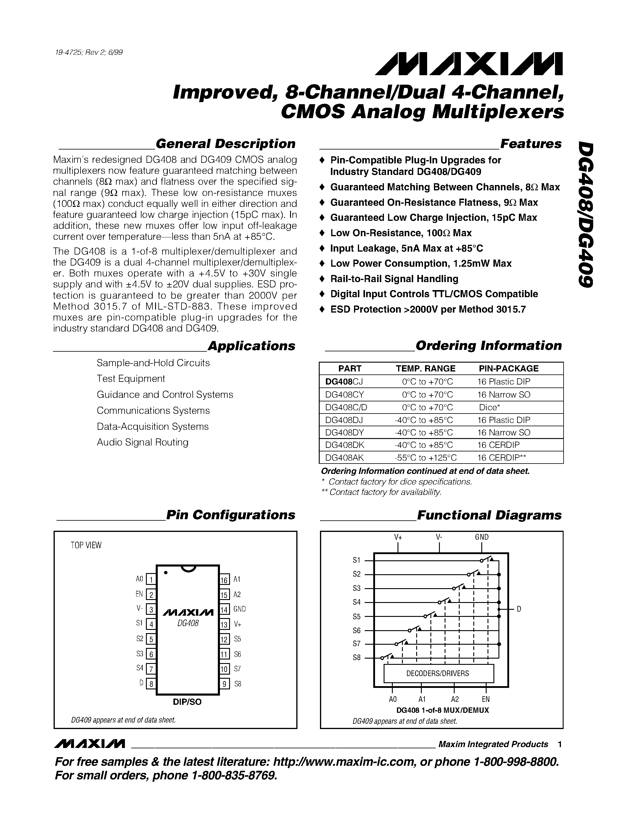 Datasheet DG408C/D - iMPROVED / 8-cHANNEL/dUAL 4-cHANNEL / cmos aNALOG mULTIPLEXERS page 1