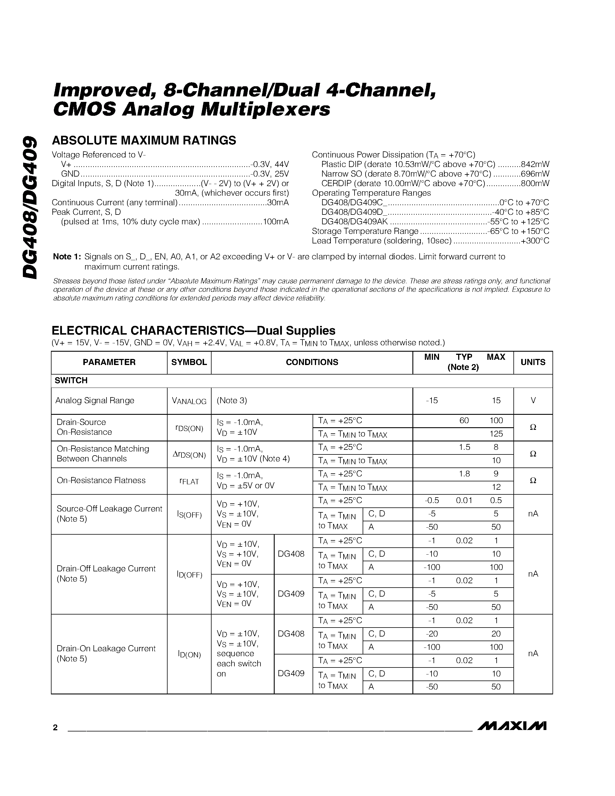 Datasheet DG408C/D - iMPROVED / 8-cHANNEL/dUAL 4-cHANNEL / cmos aNALOG mULTIPLEXERS page 2