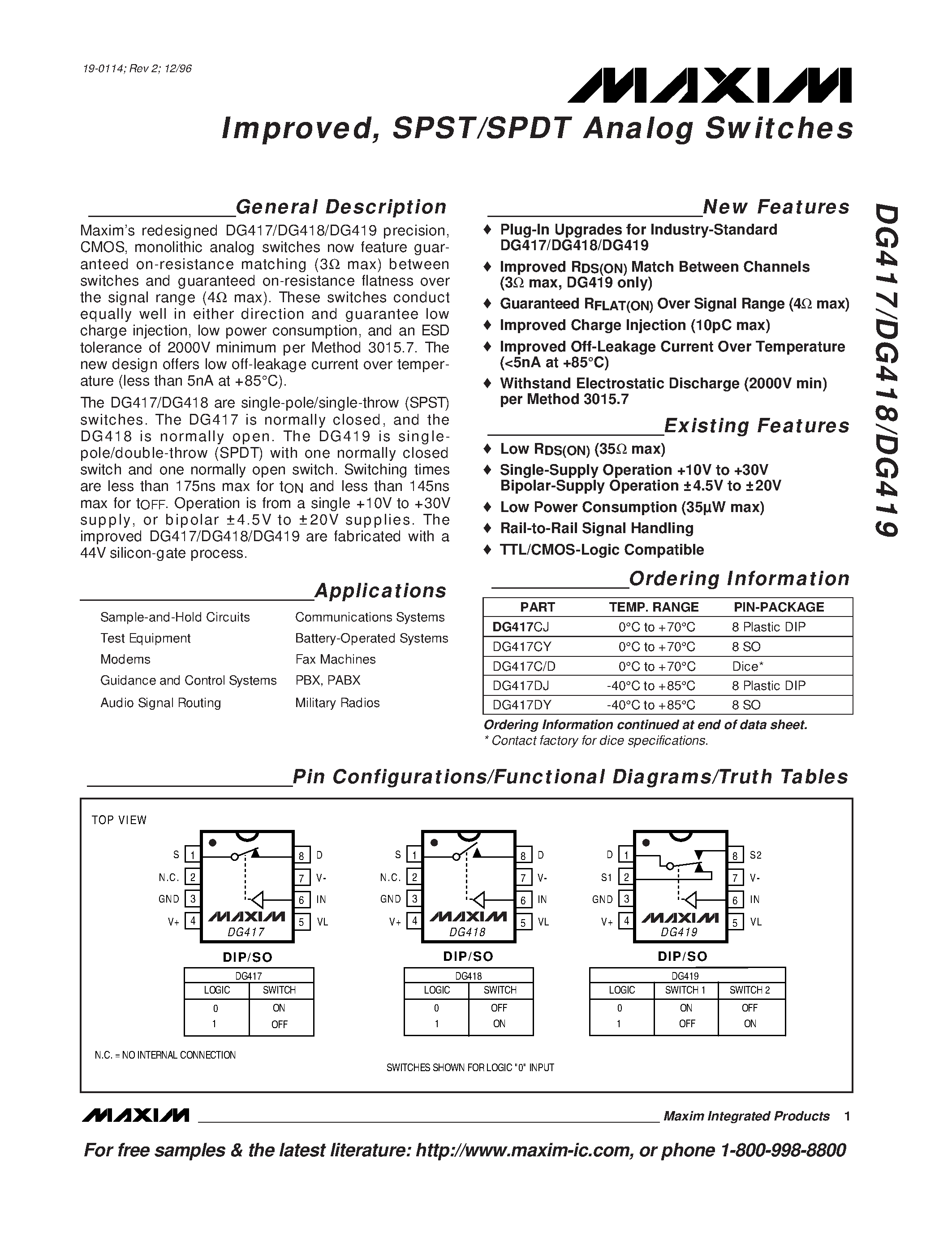 Datasheet DG418C/D - Improved / SPST/SPDT Analog Switches page 1