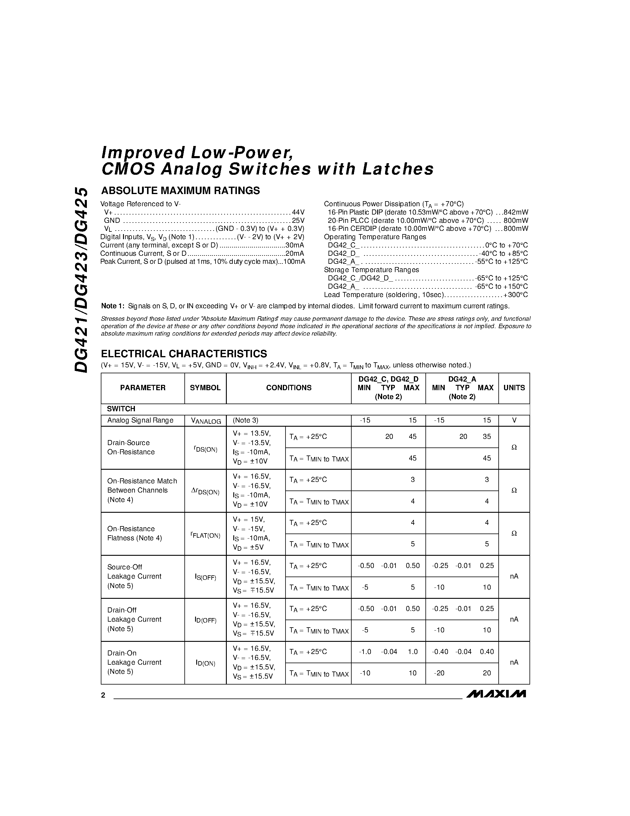 Datasheet DG421C/D - Improved Low-Power / CMOS Analog Switches with Latches page 2