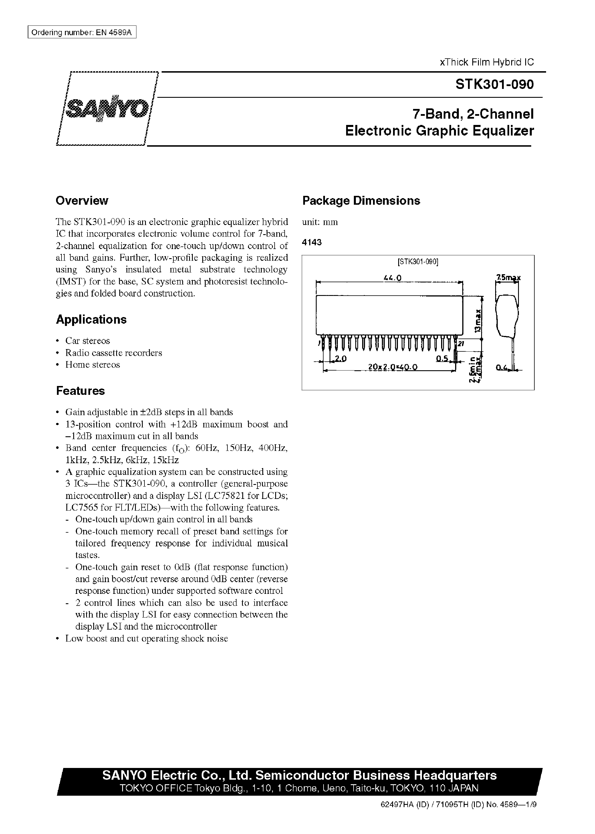 Datasheet STK301-090 - 7-Band / 2-Channel Electronic Graphic Equalizer page 1
