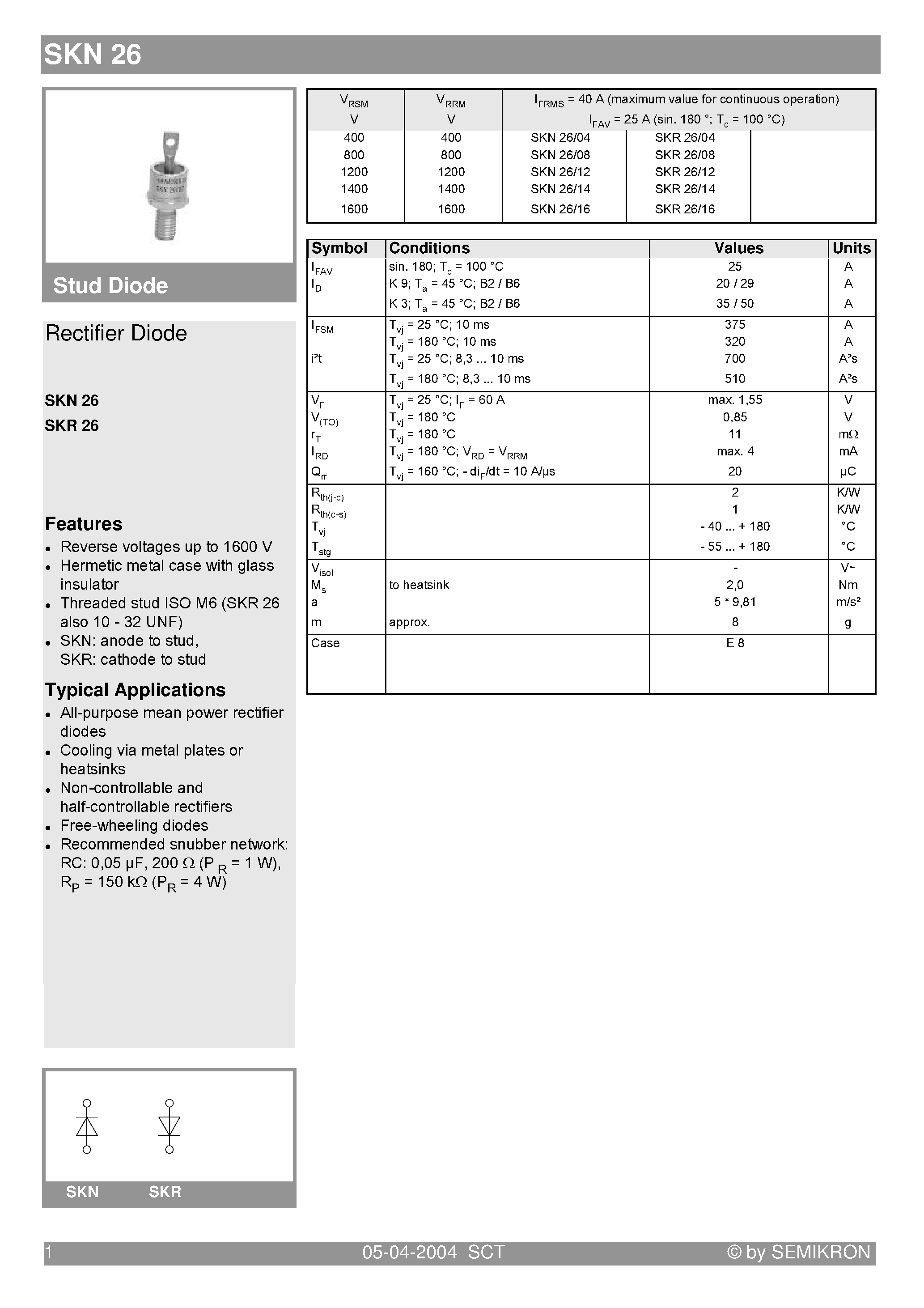 Datasheet SKN26 - Silicon Rectifier - SKN = Anode to stud page 1