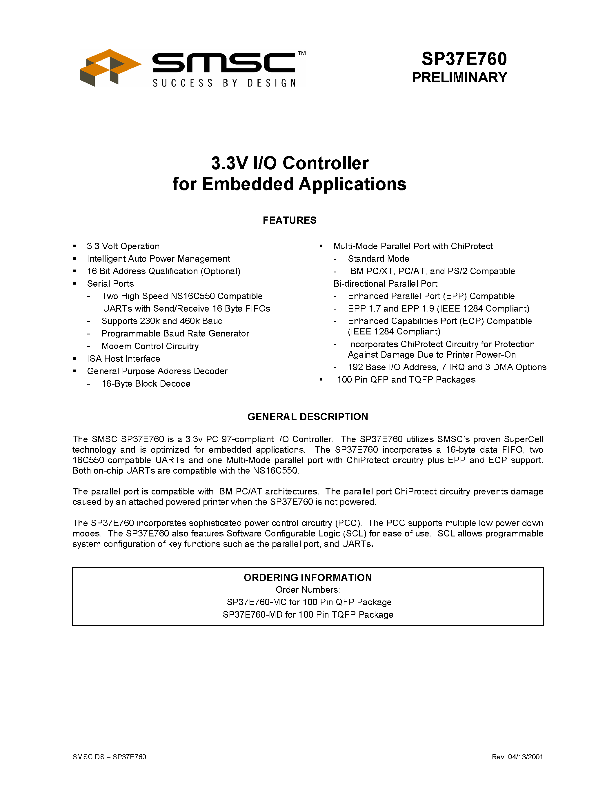 Datasheet SP37E760-MD - 3.3 V I/O CONTROLLER FOR EMBEDDED APPLICATIONS page 1