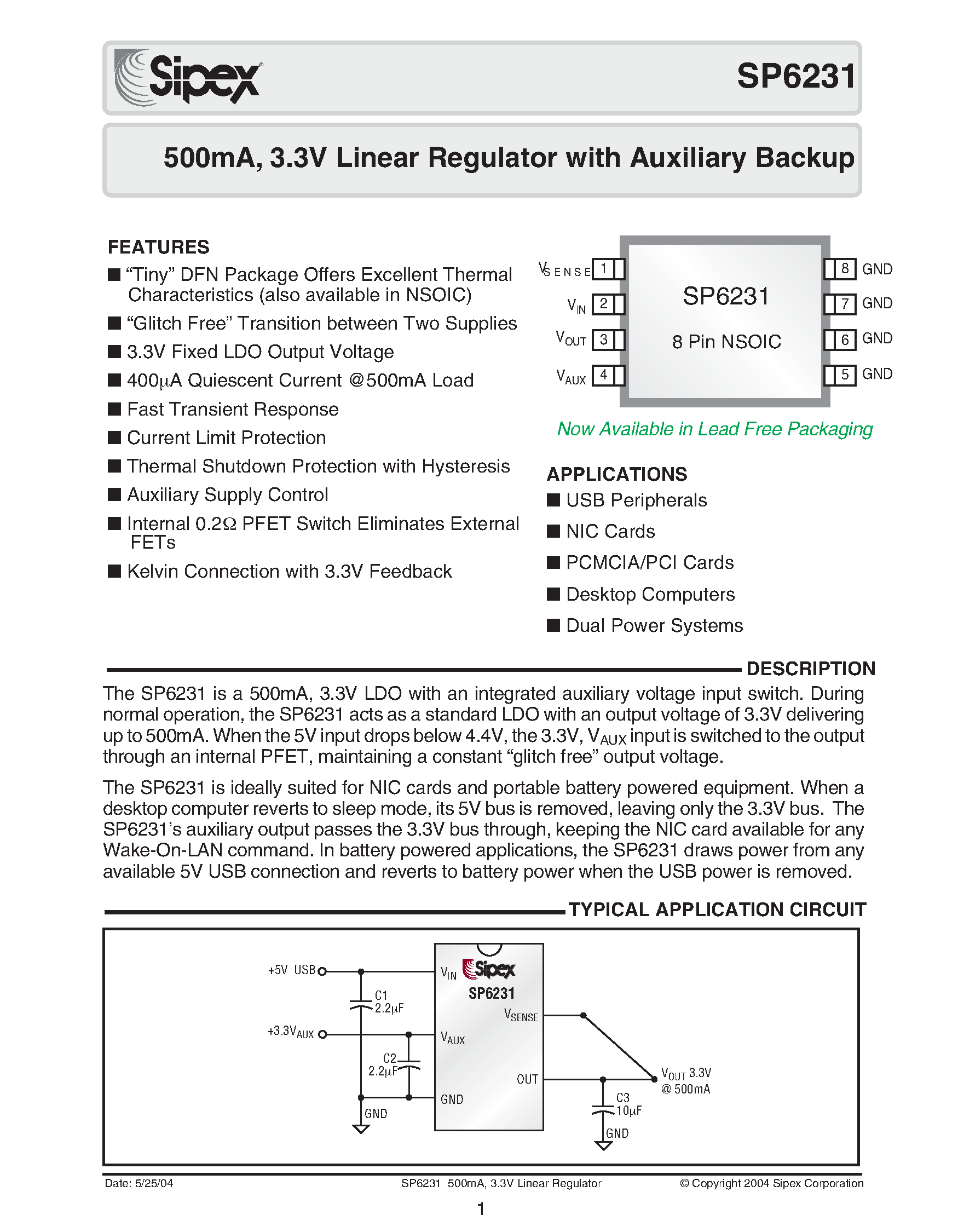 Datasheet SP6231ER-3.3 - 500mA / 3.3V Linear Regulator with Auxiliary Backup page 1