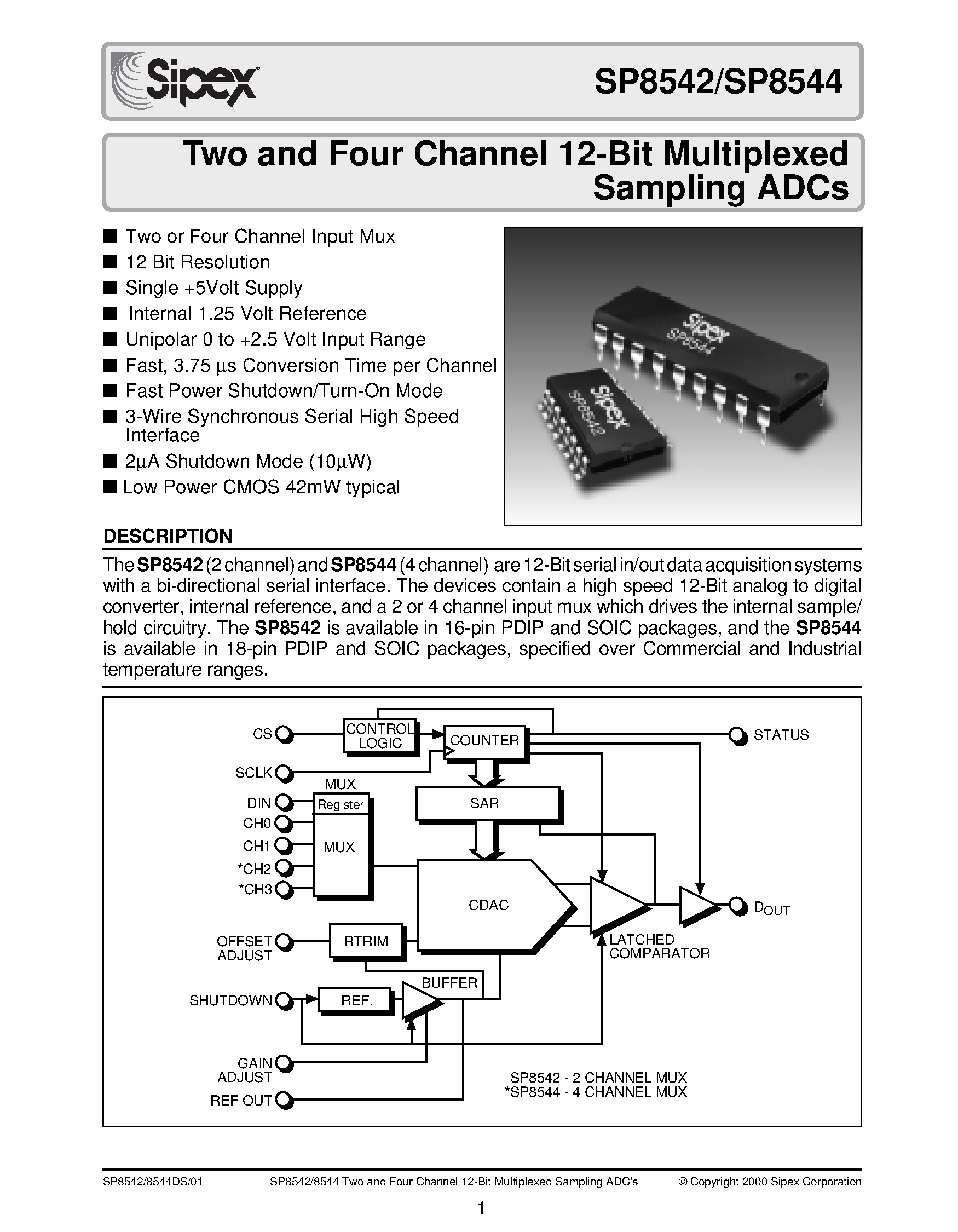 Datasheet SP8542 - Two and Four Channel 12-Bit Multiplexed Sampling ADCs page 1