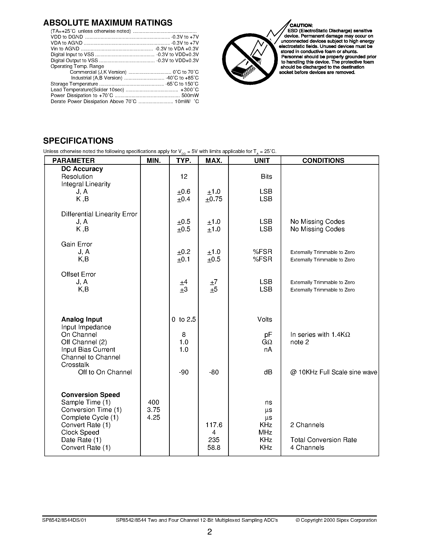 Datasheet SP8542 - Two and Four Channel 12-Bit Multiplexed Sampling ADCs page 2