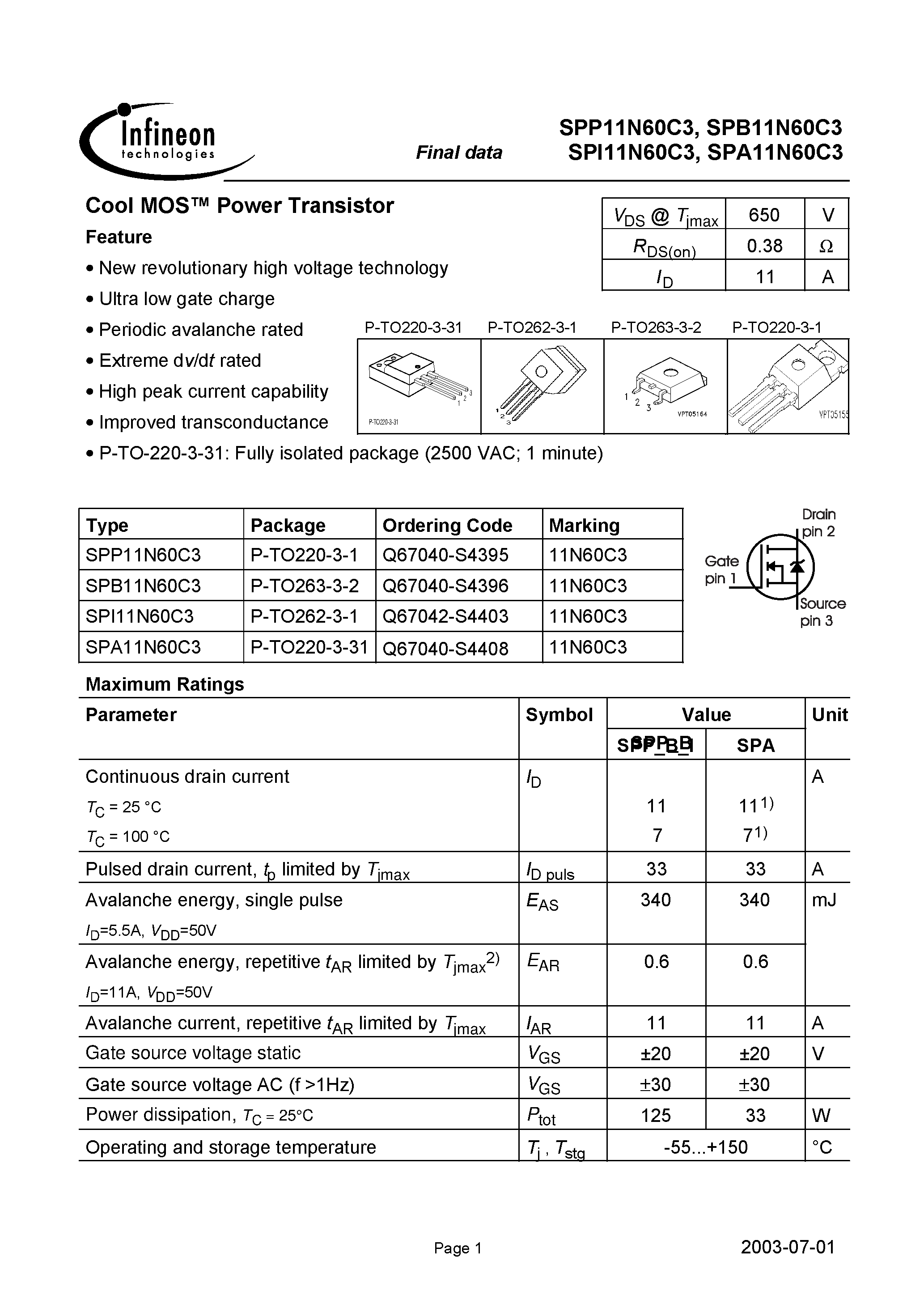 Даташит SPI11N60C3 - Cool MOS Power Transistor страница 1