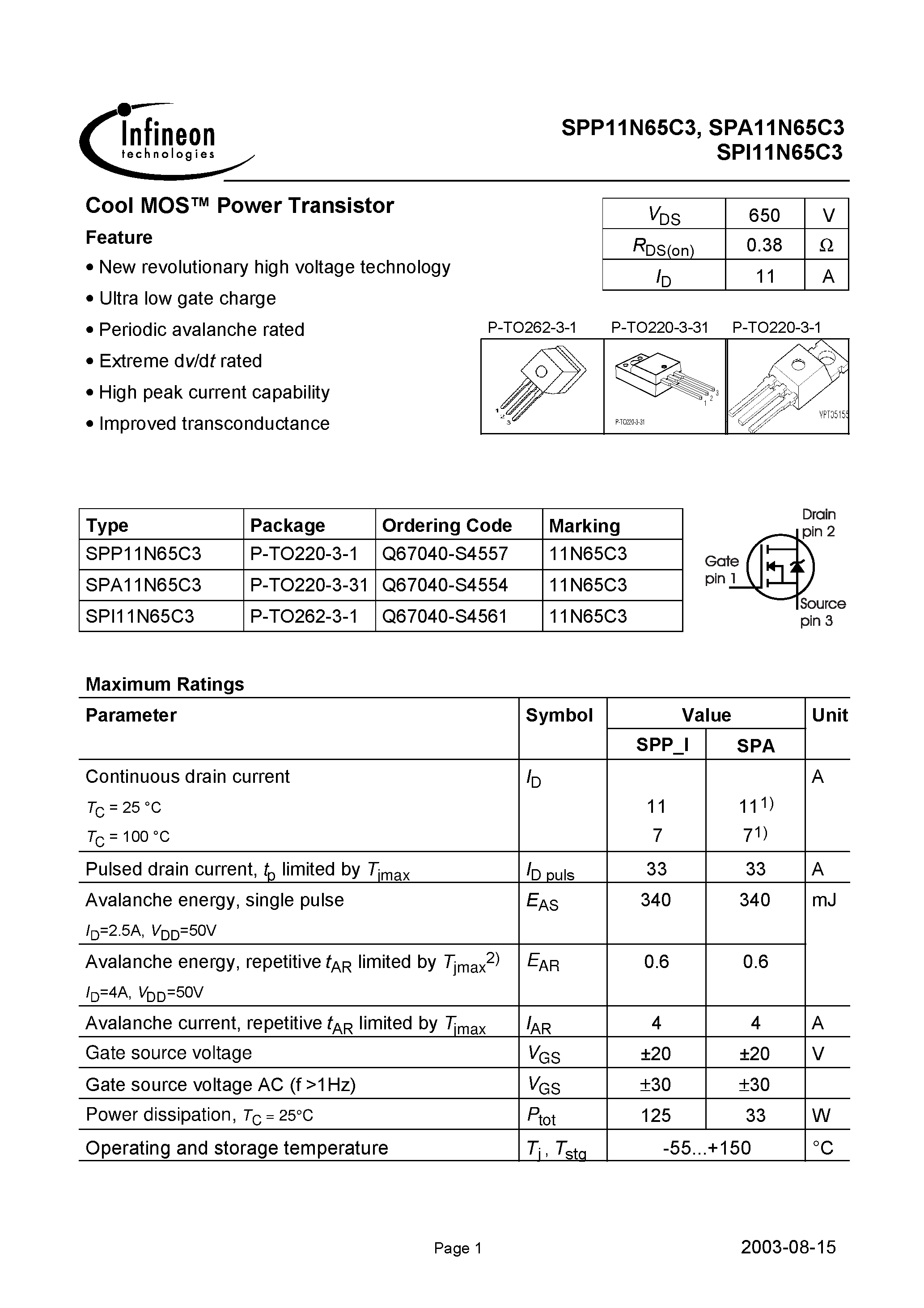 Даташит SPI11N65C3 - Cool MOS Power Transistor страница 1