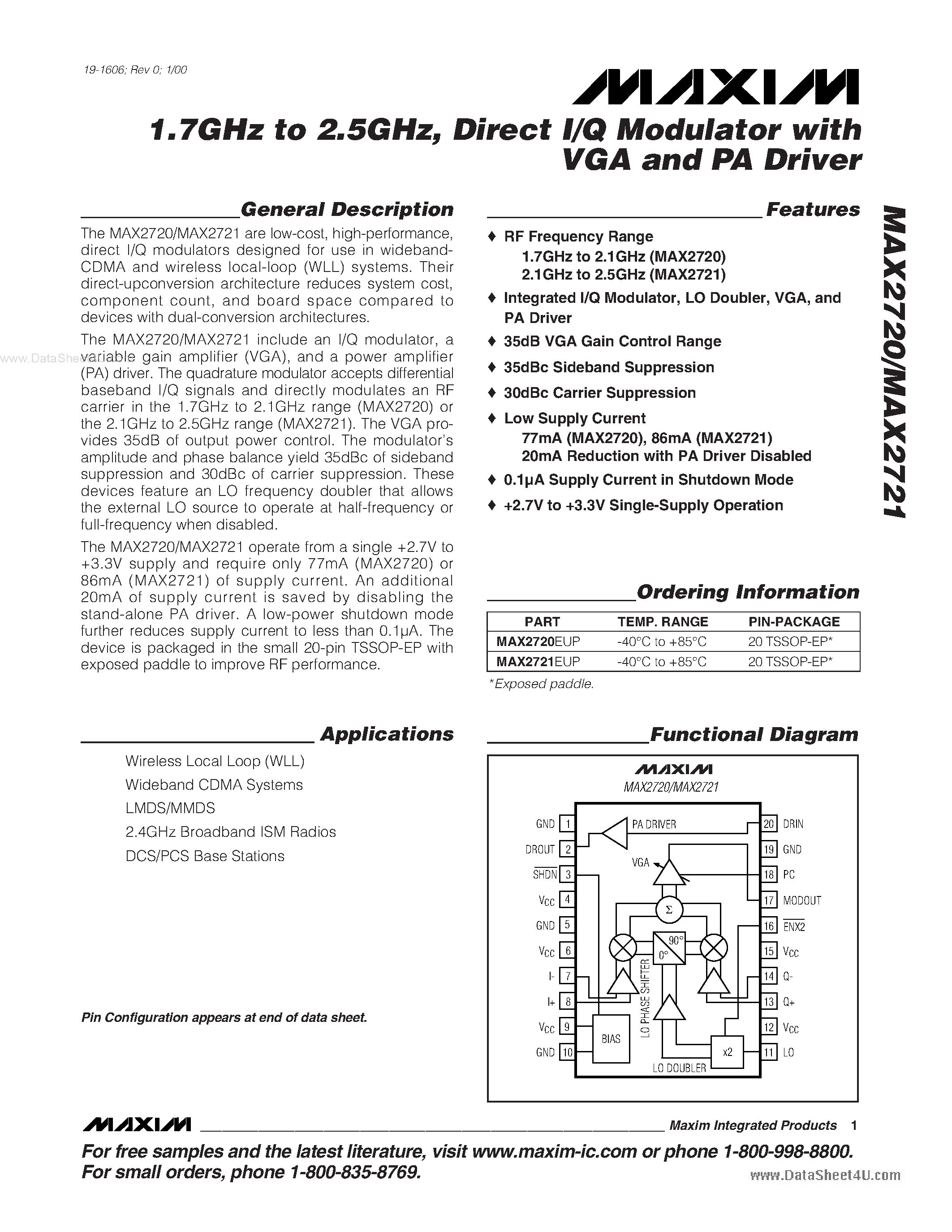 Datasheet MAX2720 - 1.7GHz to 2.5GHz / Direct I/Q Modulator with VGA and PA Driver page 1