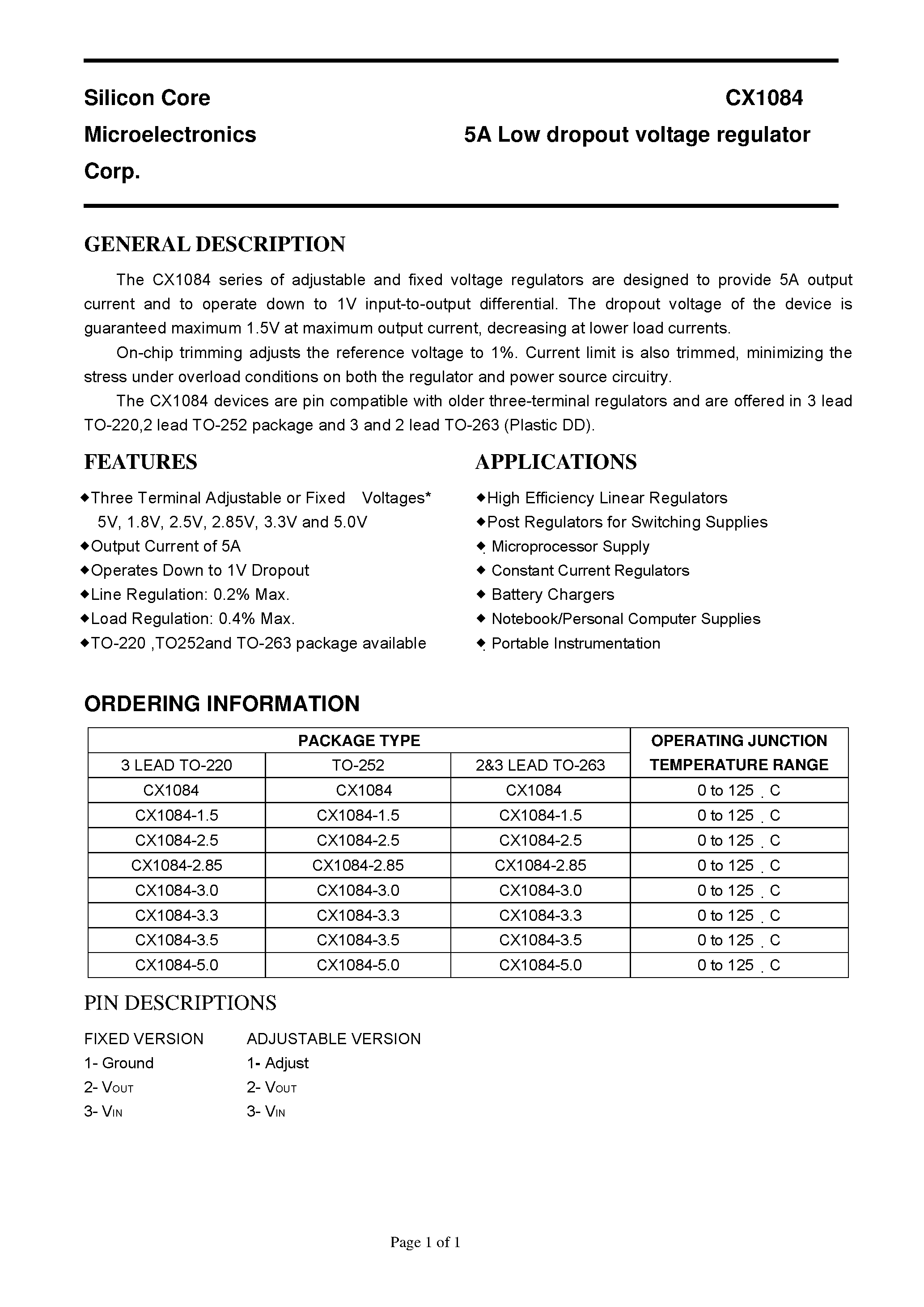 Datasheet CX1084 - 5A Low Dropout Voltage Regulator page 1