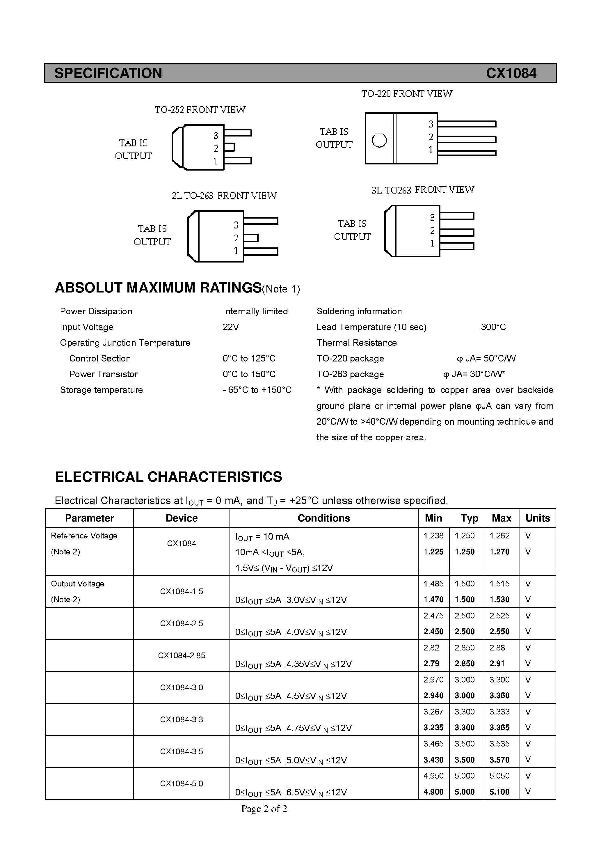 Datasheet CX1084 - 5A Low Dropout Voltage Regulator page 2