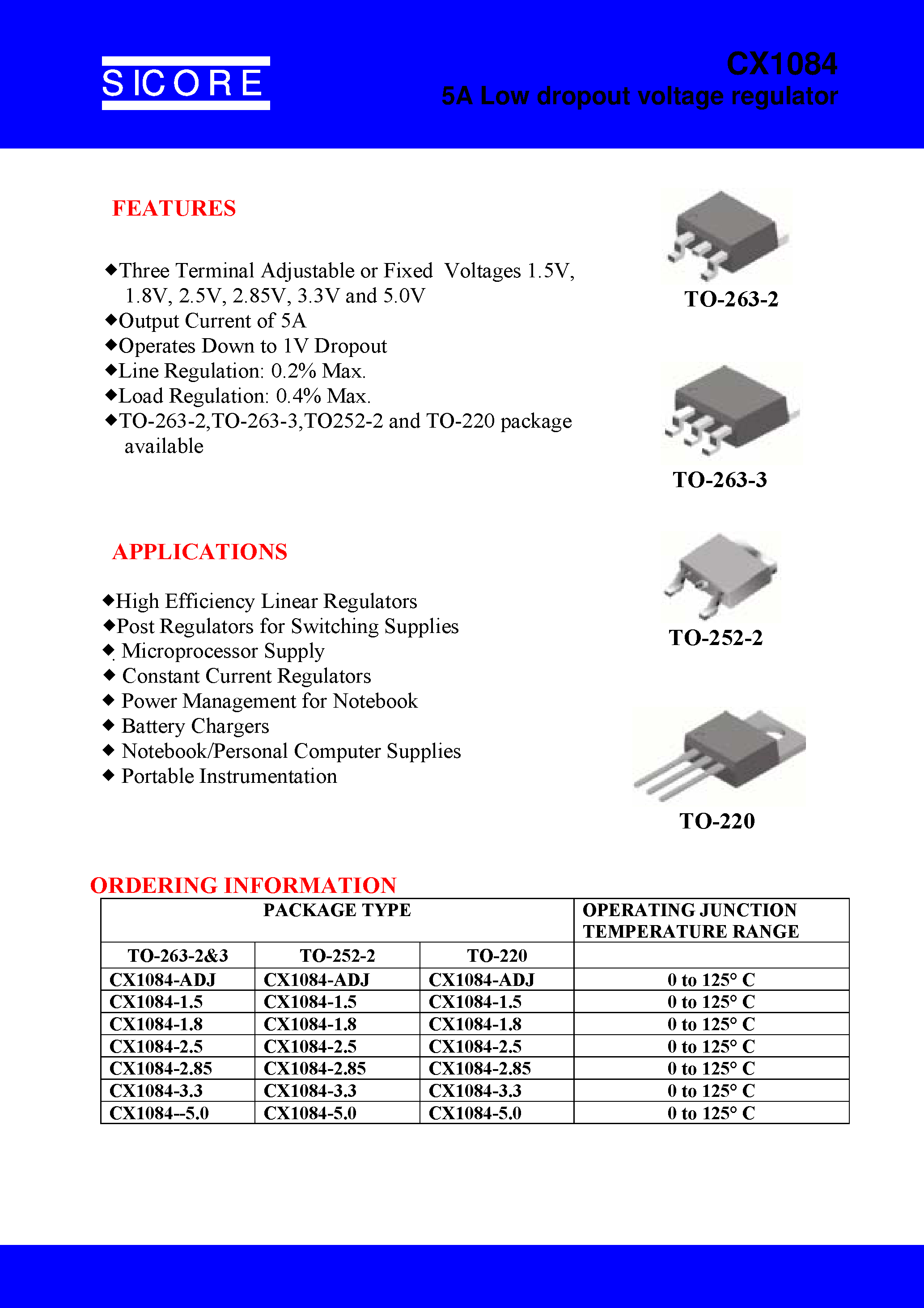 Datasheet CX1084 - 5A Low Dropout Voltage Regulator page 1