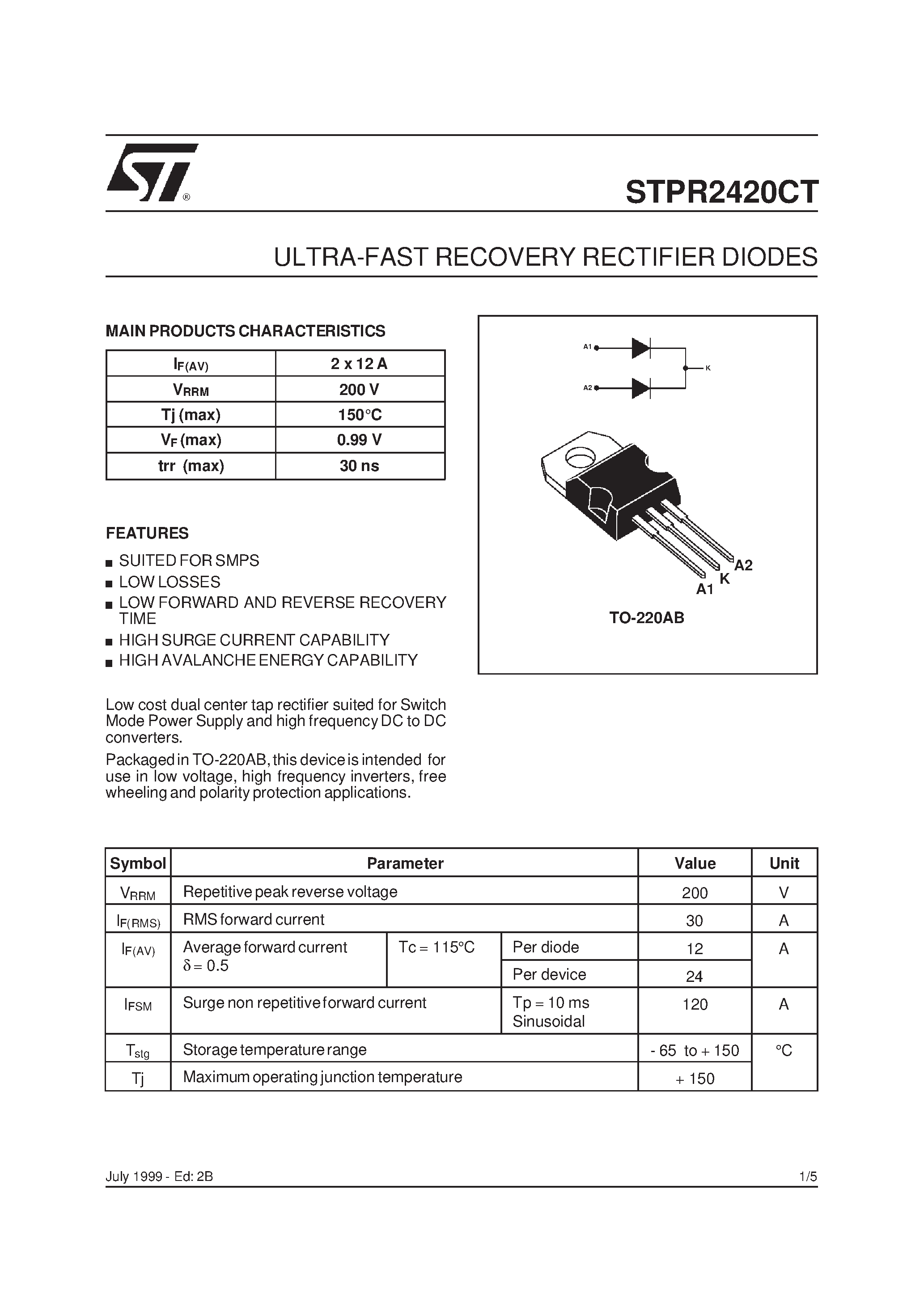 Datasheet STPR2420CT - ULTRA-FAST RECOVERY RECTIFIER DIODES page 1