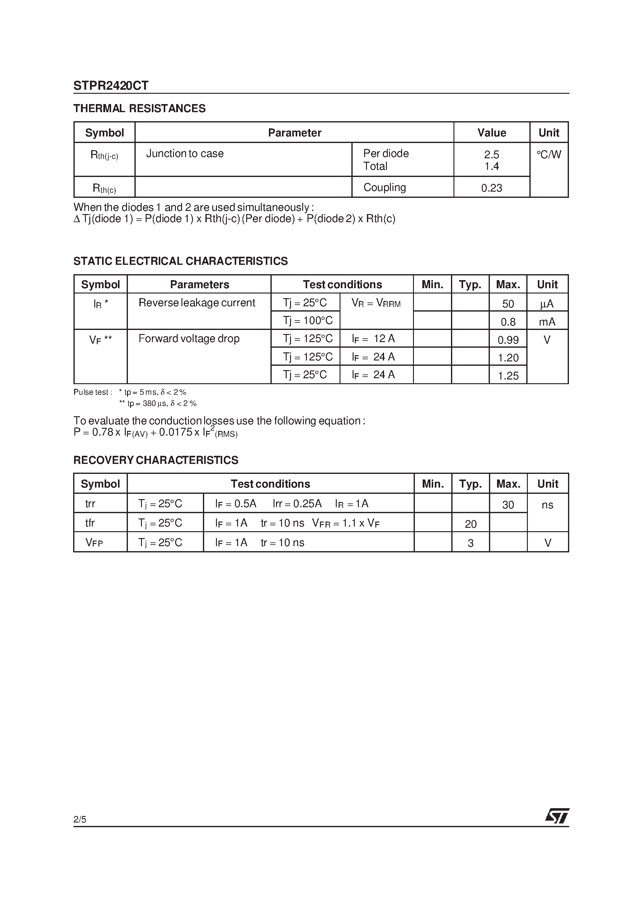 Datasheet STPR2420CT - ULTRA-FAST RECOVERY RECTIFIER DIODES page 2