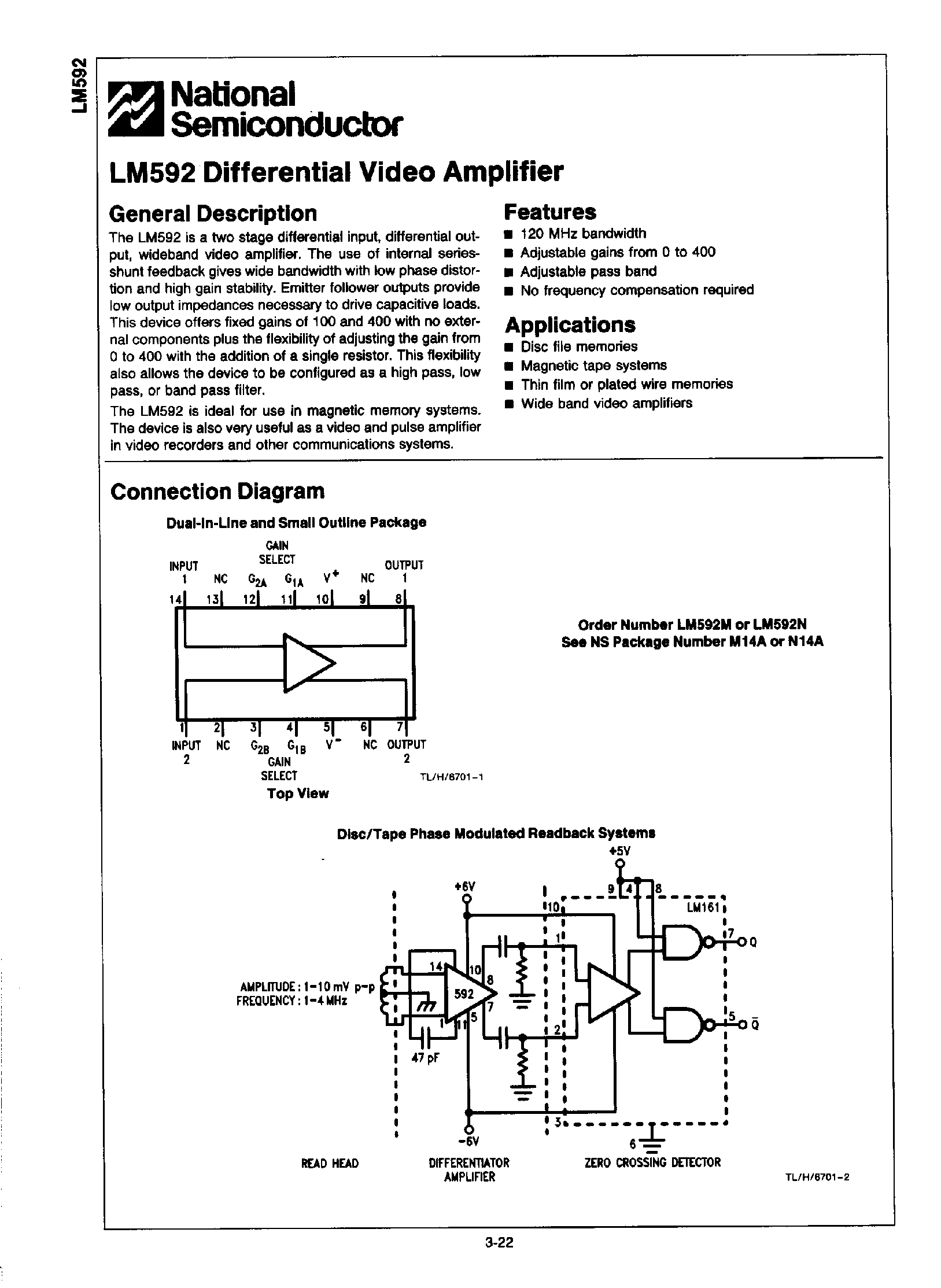 Datasheet LM592 - Differential Video Amplifier page 1