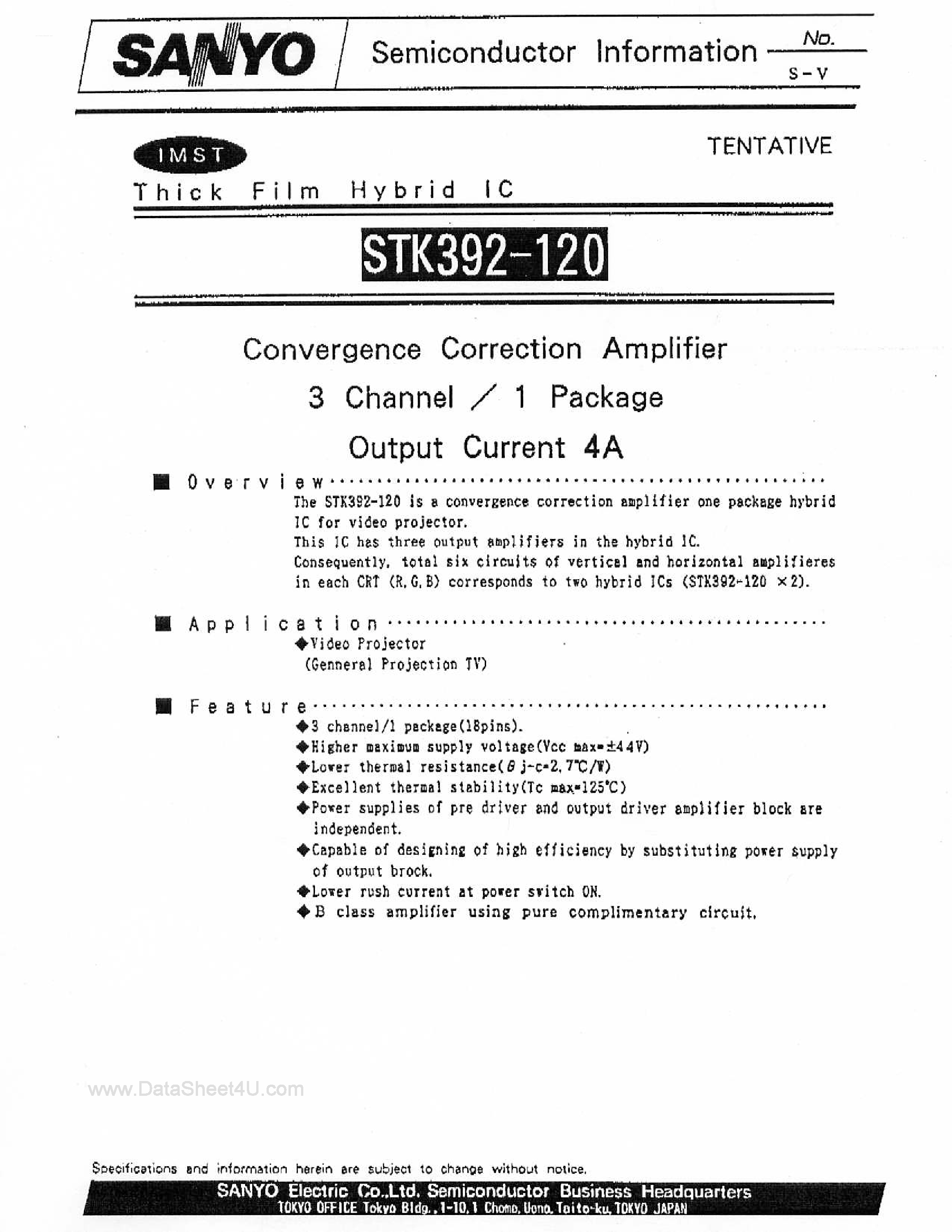 Datasheet STK392-120 - Convergence Correction Amplifier page 1