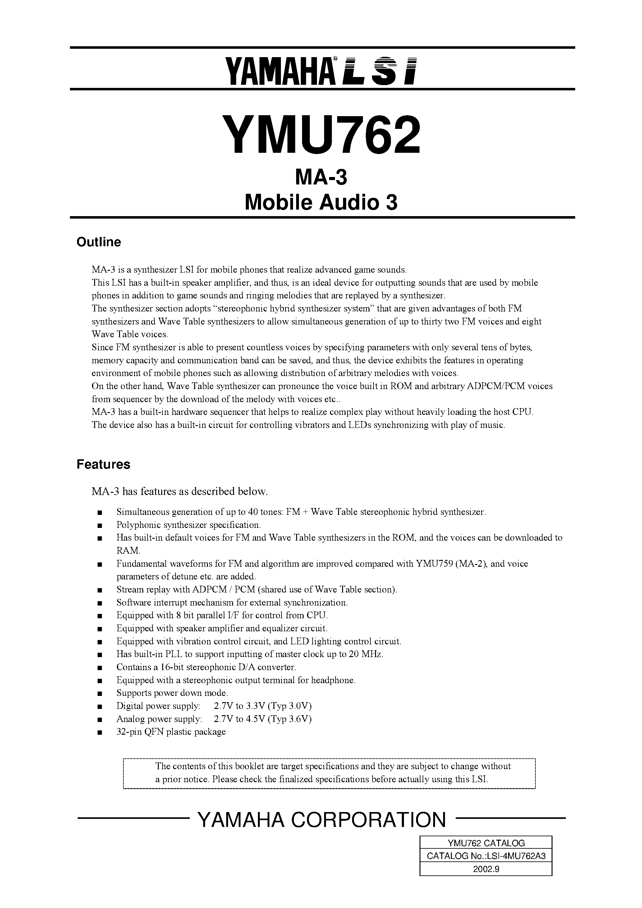 Datasheet YMU762 - Mobile Audio 3 page 1
