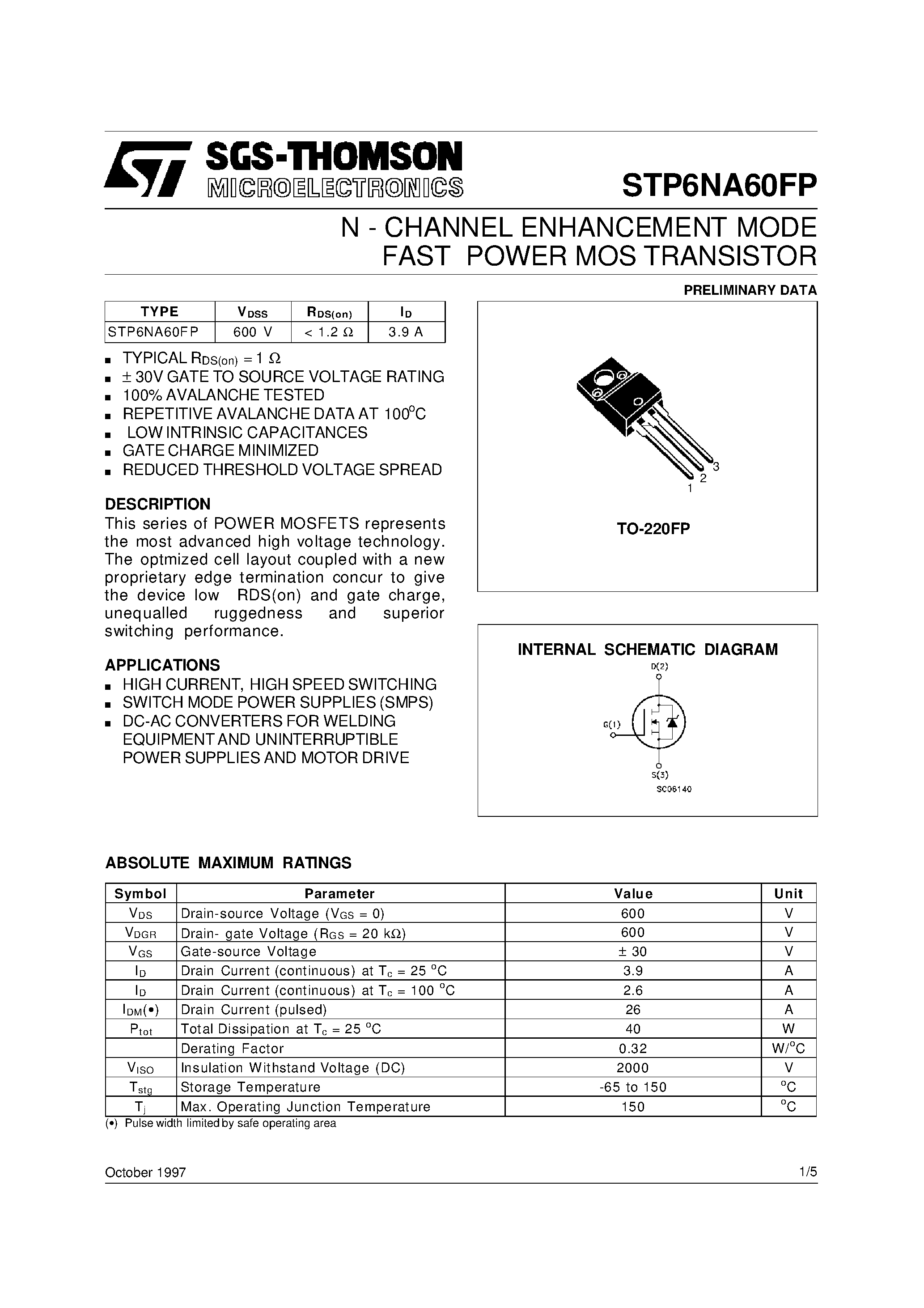 Datasheet STP6NA60FP - N - CHANNEL ENHANCEMENT MODE FAST POWER MOS TRANSISTOR page 1