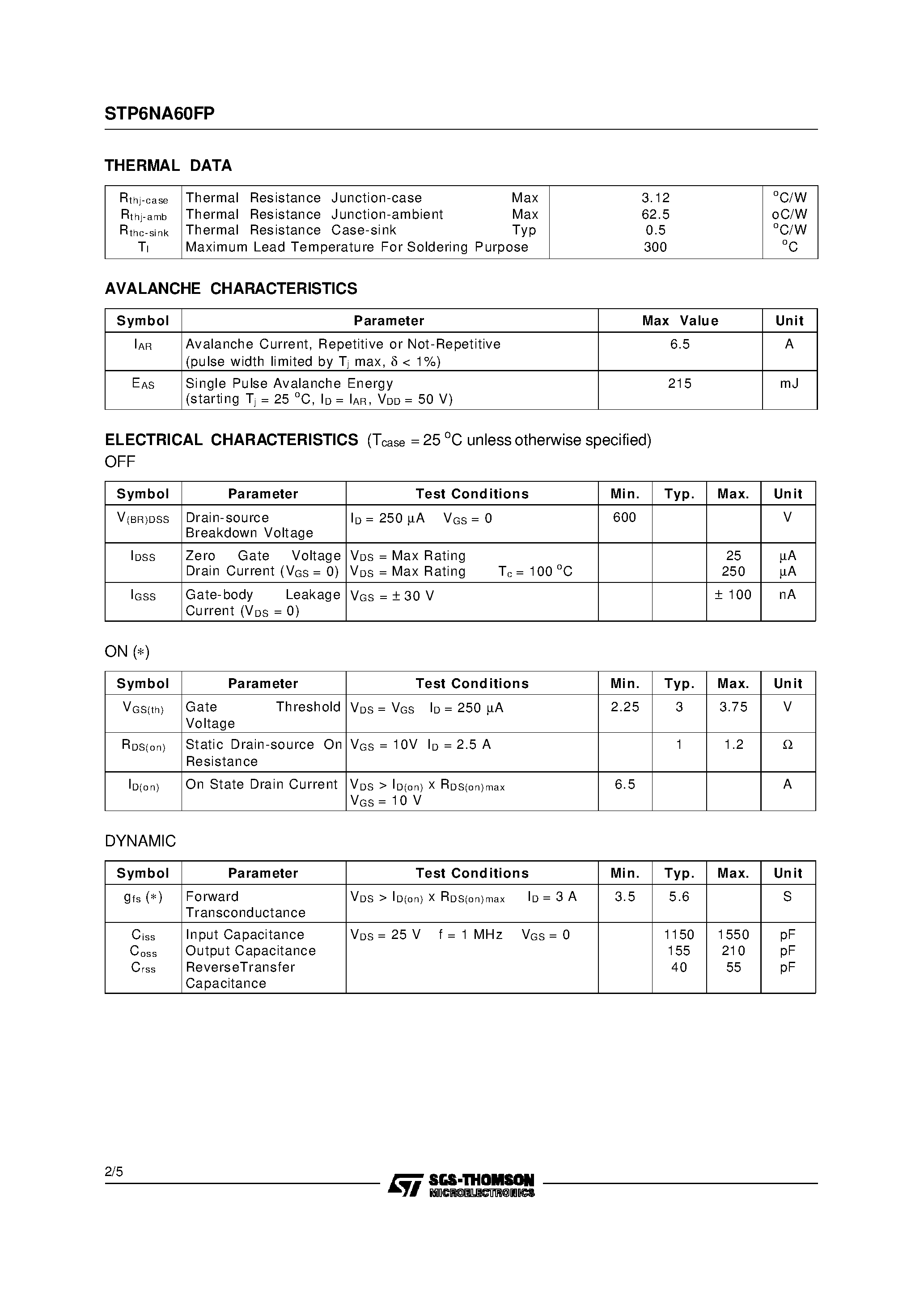 Datasheet STP6NA60FP - N - CHANNEL ENHANCEMENT MODE FAST POWER MOS TRANSISTOR page 2