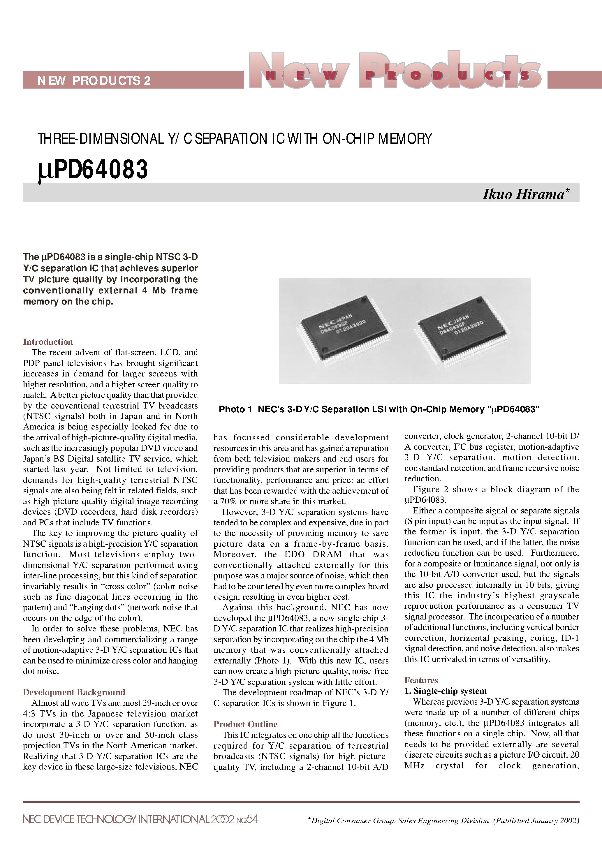 Datasheet UPD64083 - 3 Dimensional Y/C Separation IC with On-Chip Memory page 1