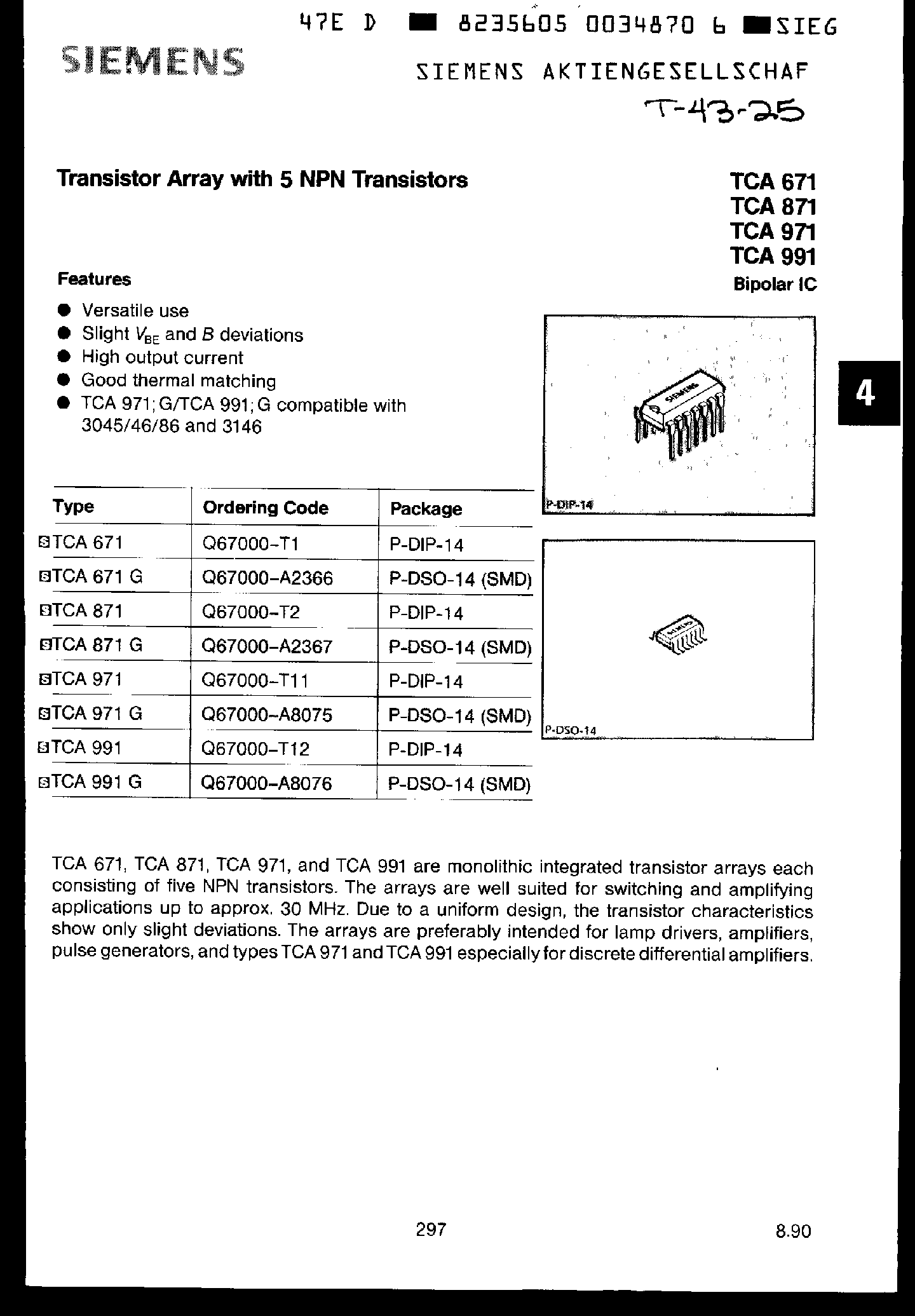 Даташит TCA871 - Transistor Array with 5 NPN Transistors страница 1