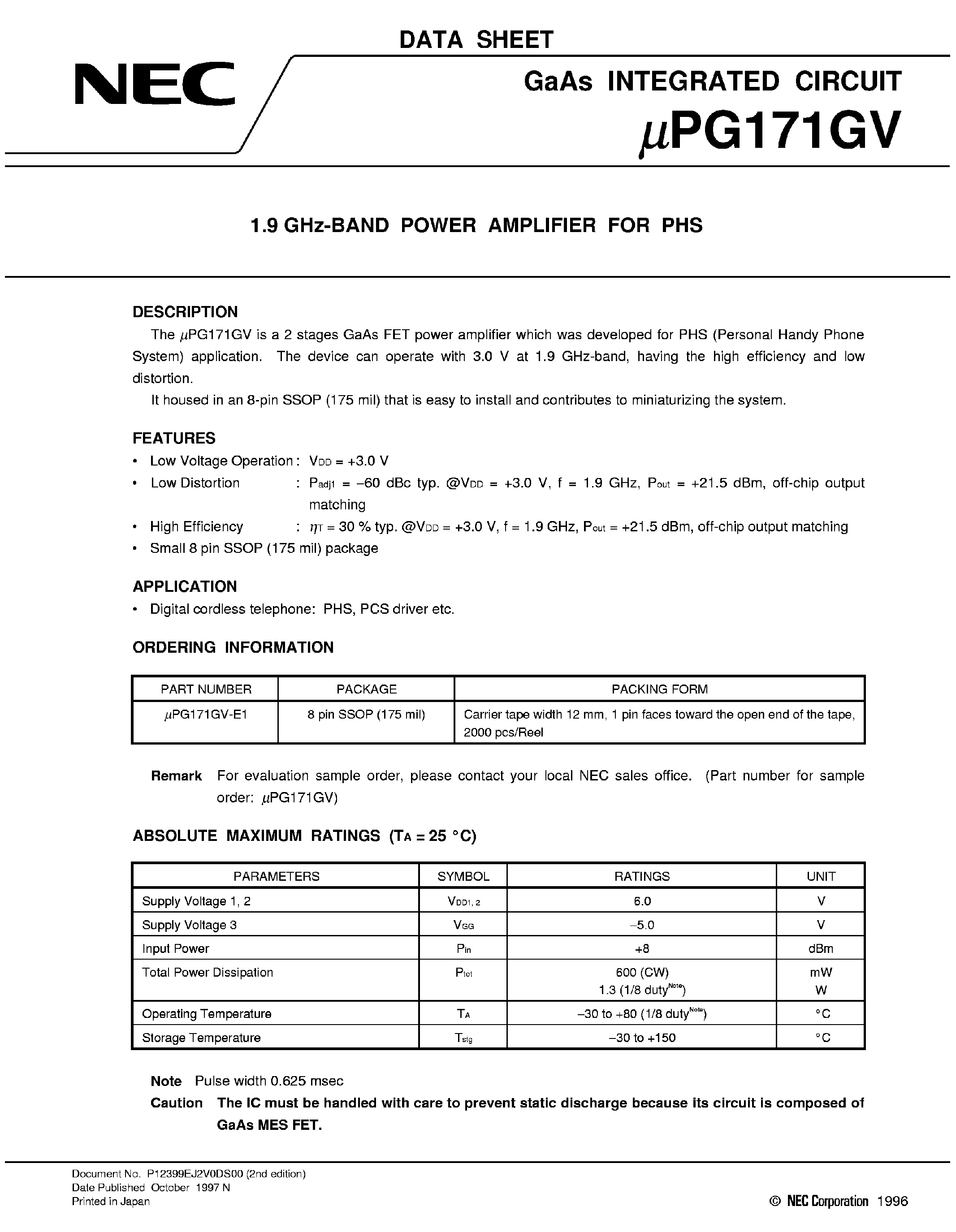 Datasheet UPG171GV - 1.9 GHz Band Power Amplifier for PHS page 1