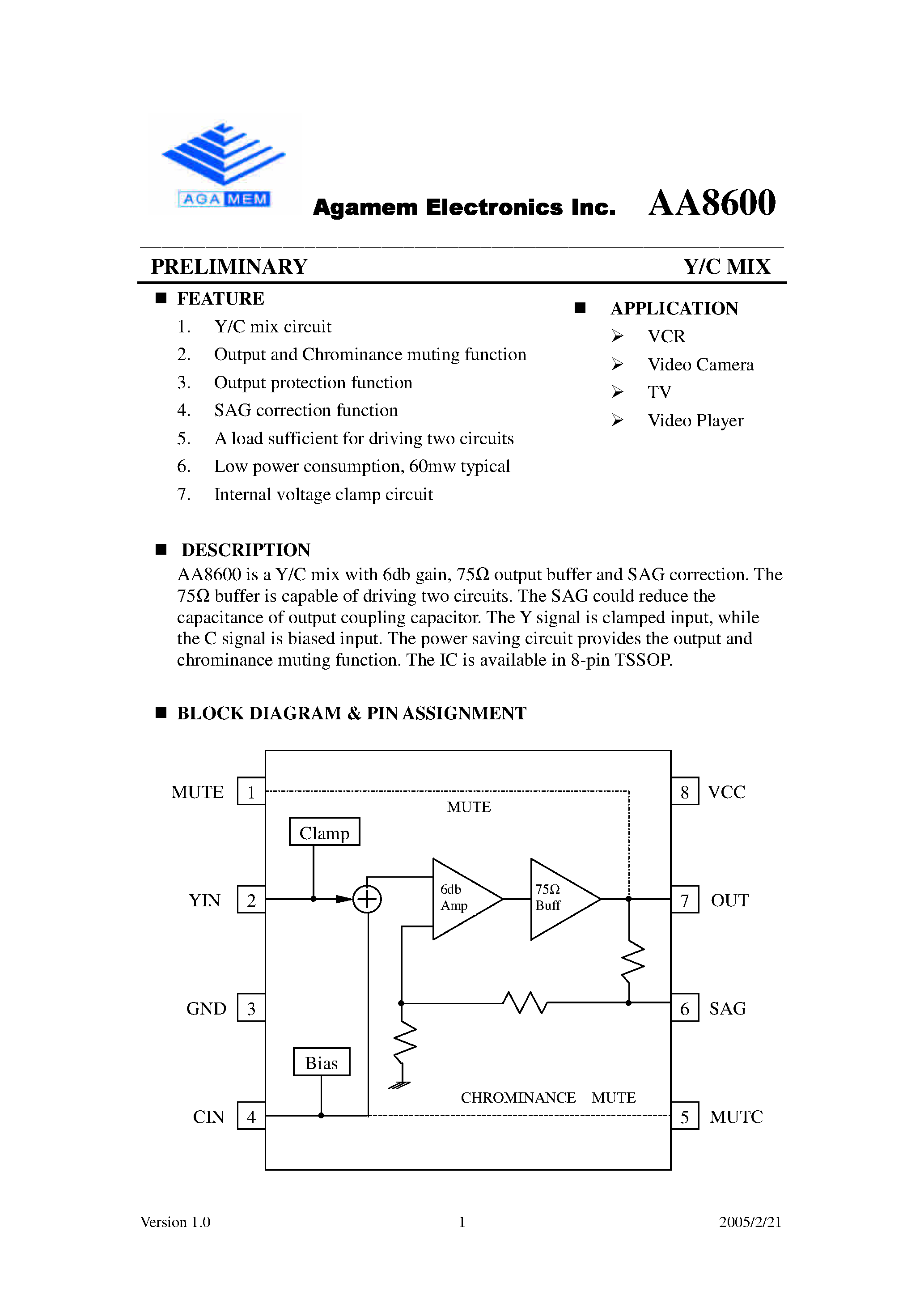 Datasheet AA8600 - Preliminary / Y/C MIX page 1