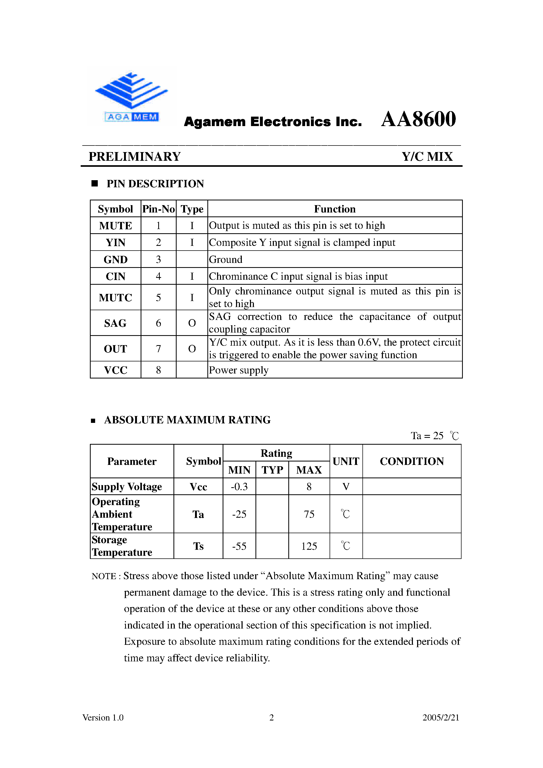 Datasheet AA8600 - Preliminary / Y/C MIX page 2