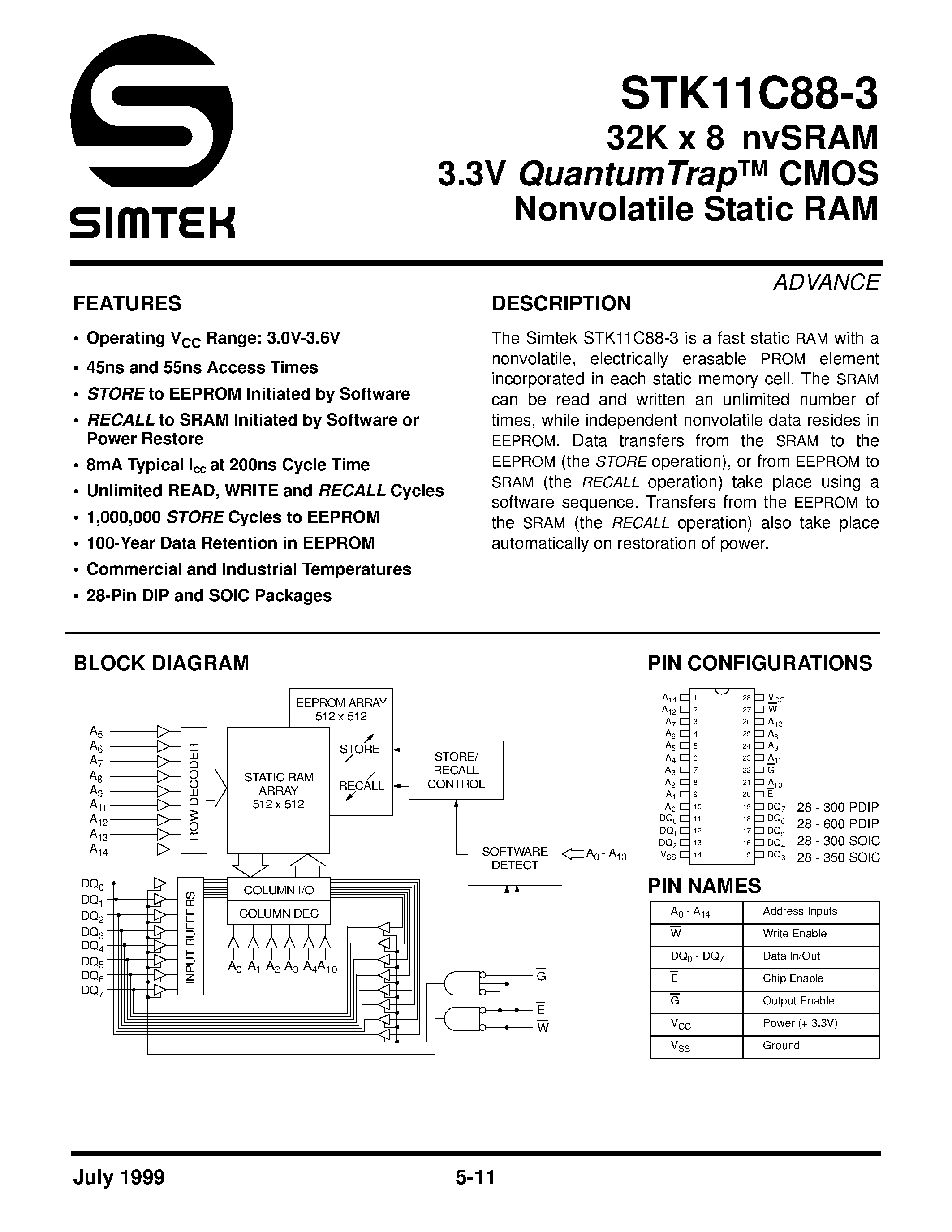 Даташит STK11C88-3 - 32K X 8 NVSRAM 3.3 V QUANTUM TRAP CMOS NONVOLATILE STATIC RAM страница 1