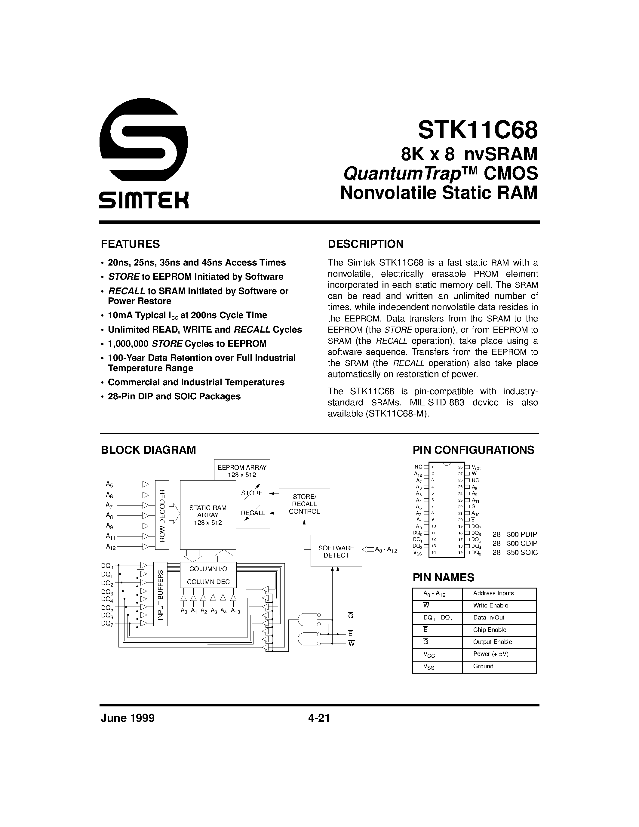 Даташит STK11C68 - 8K x 8 nvSRAM QuantumTrap CMOS Nonvolatile Static RAM страница 1