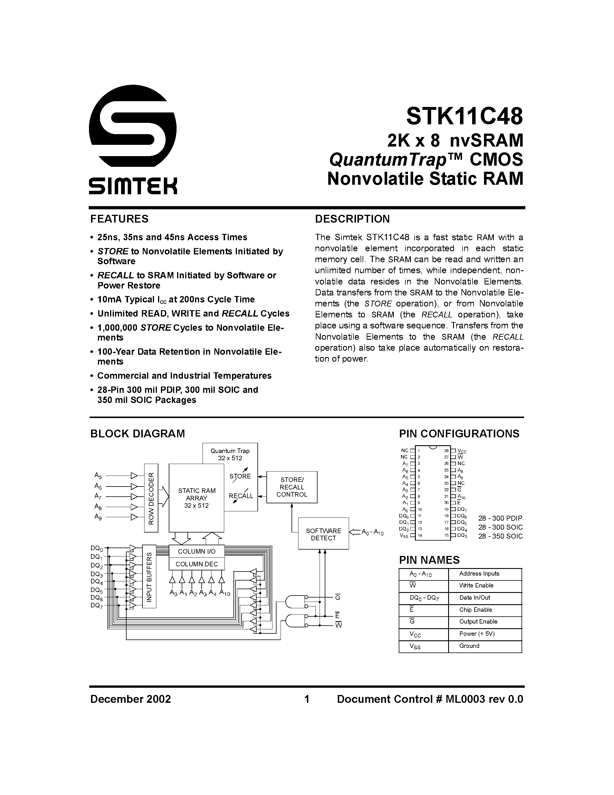 Даташит STK11C48 - 8K x 8 nvSRAM QuantumTrap CMOS Nonvolatile Static RAM страница 1