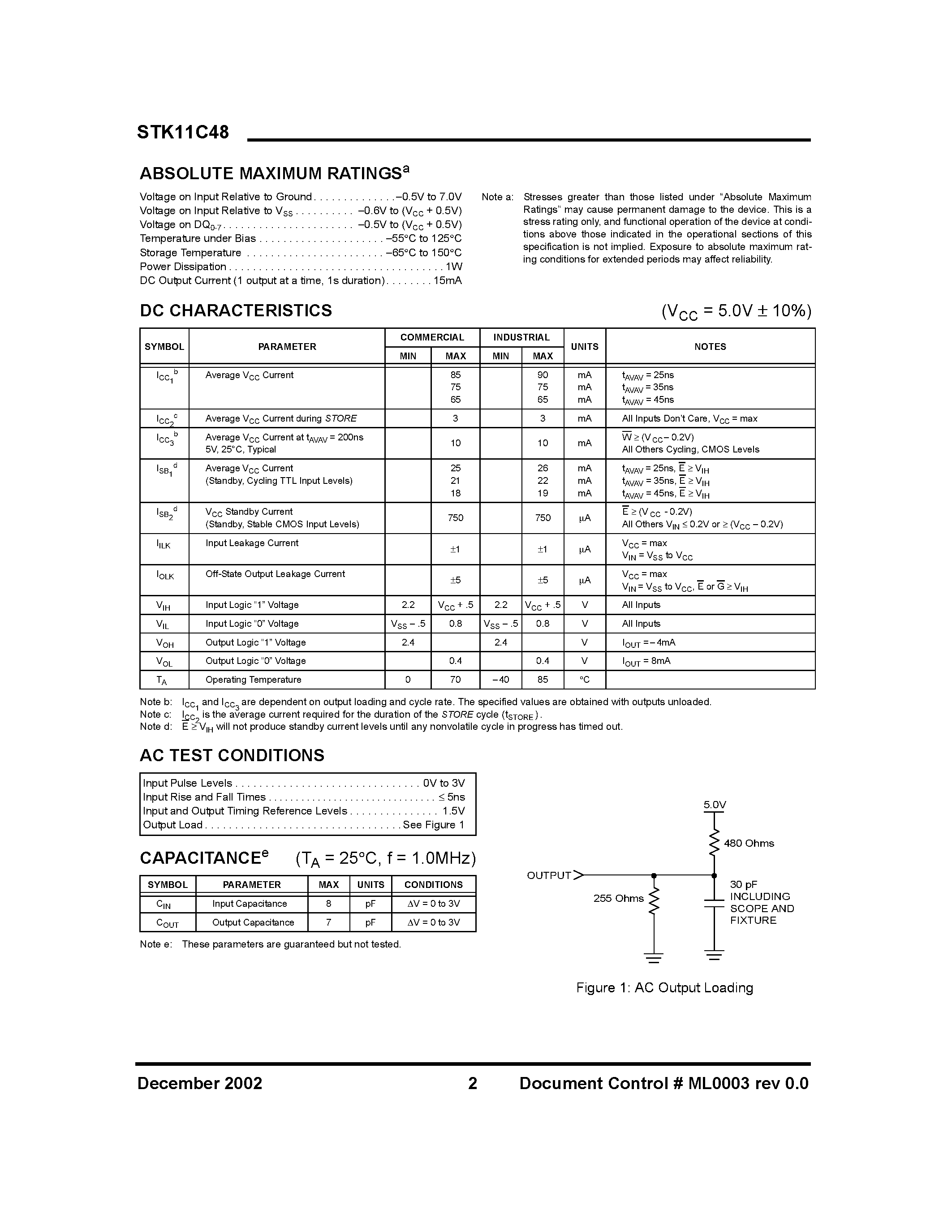 Datasheet STK11C48 - 8K x 8 nvSRAM QuantumTrap CMOS Nonvolatile Static RAM page 2