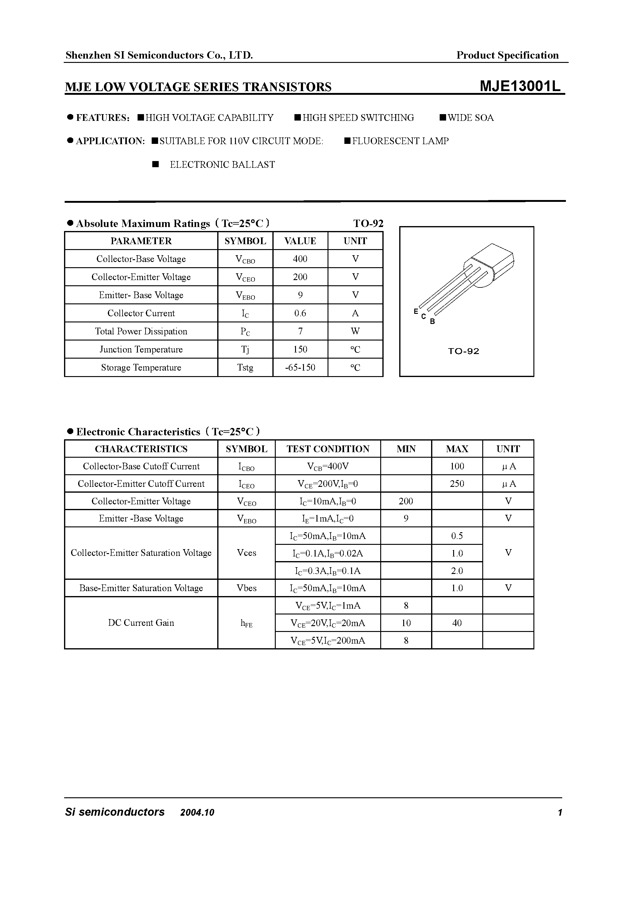 Даташит HMJE13001L - MJE Series Transistors страница 1