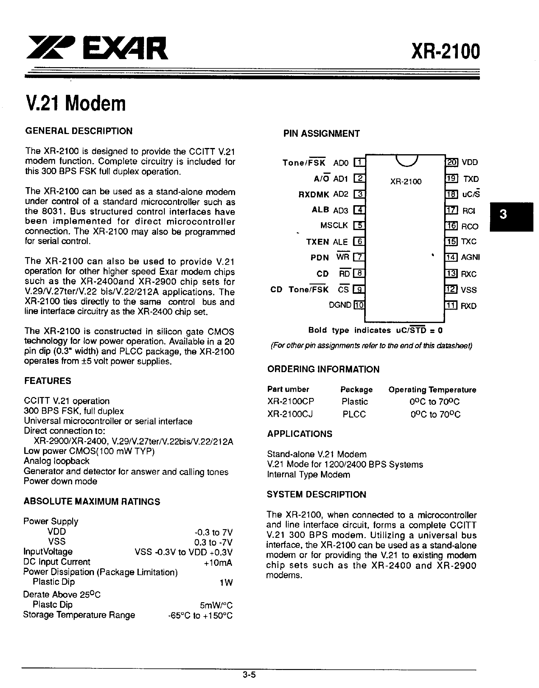Даташит XR2100 - V.21 Modem страница 1