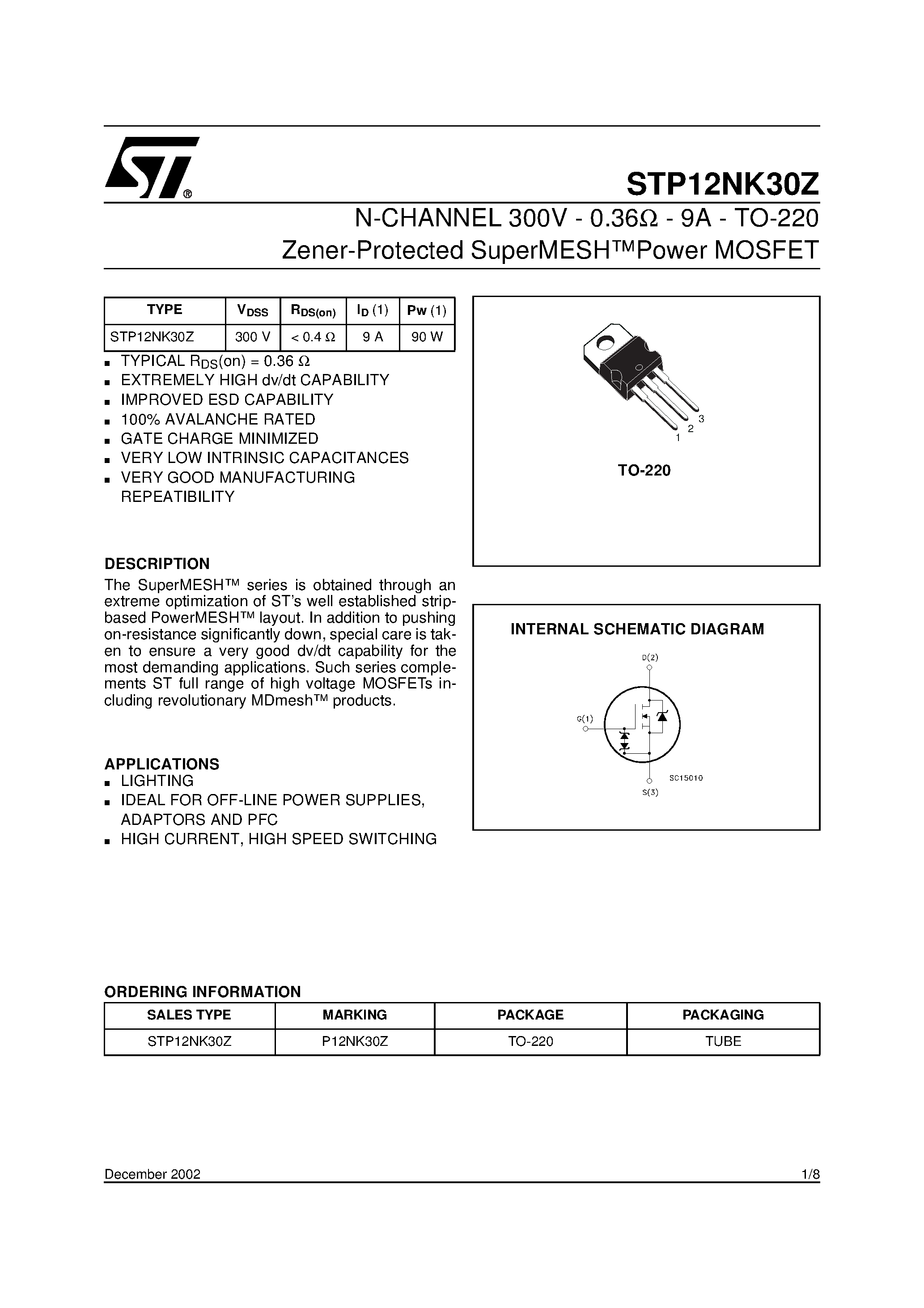 Datasheet STP12NK30Z - N-CHANNEL 300V - 0.36ohm - 9A - TO-220 Zener-Protected SuperMESH Power MOSFET page 1
