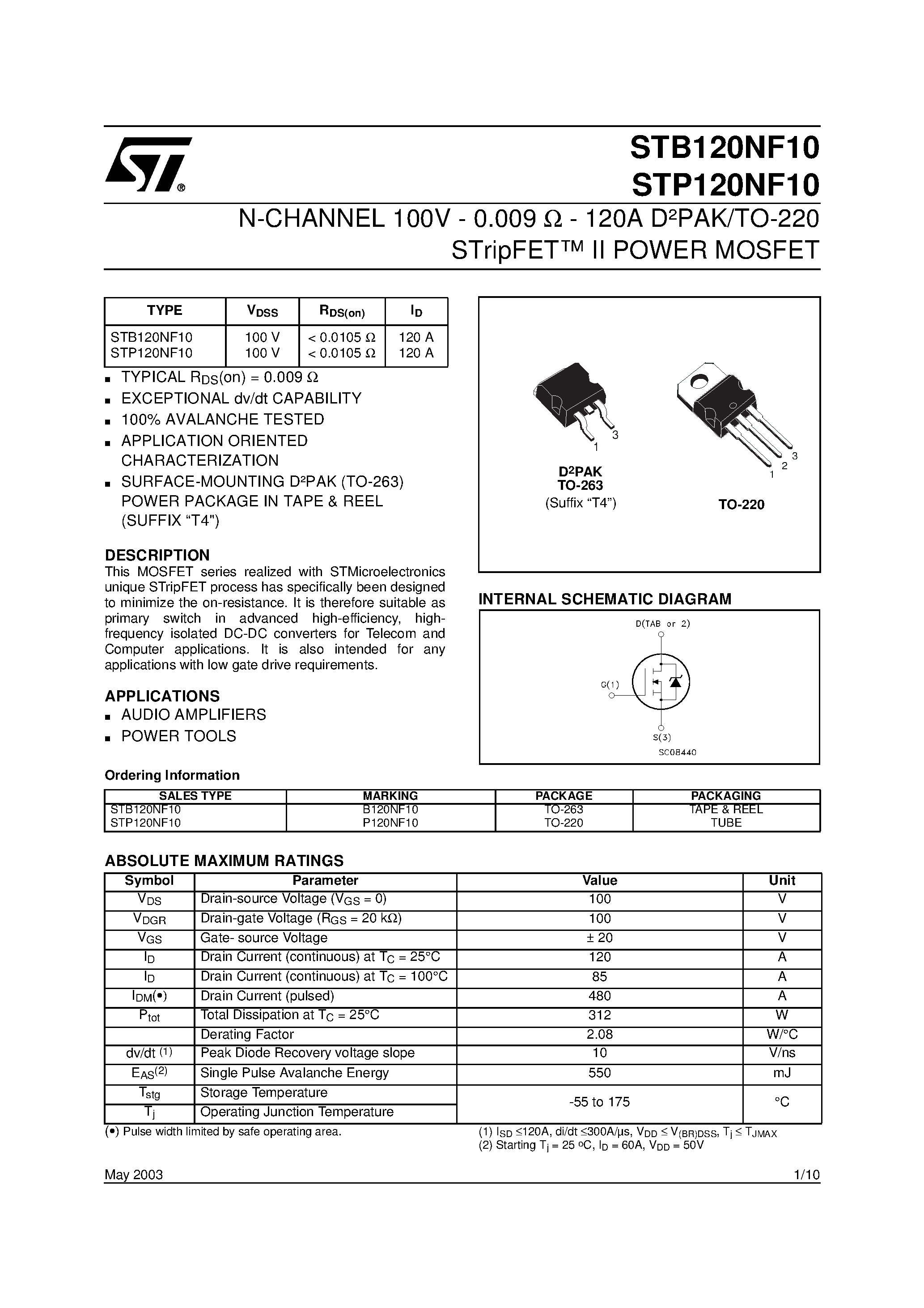 Datasheet STP120NF10 - N-CHANNEL 100V - 0.009 W - 120A DPAK/TO-220 STripFET II POWER MOSFET page 1