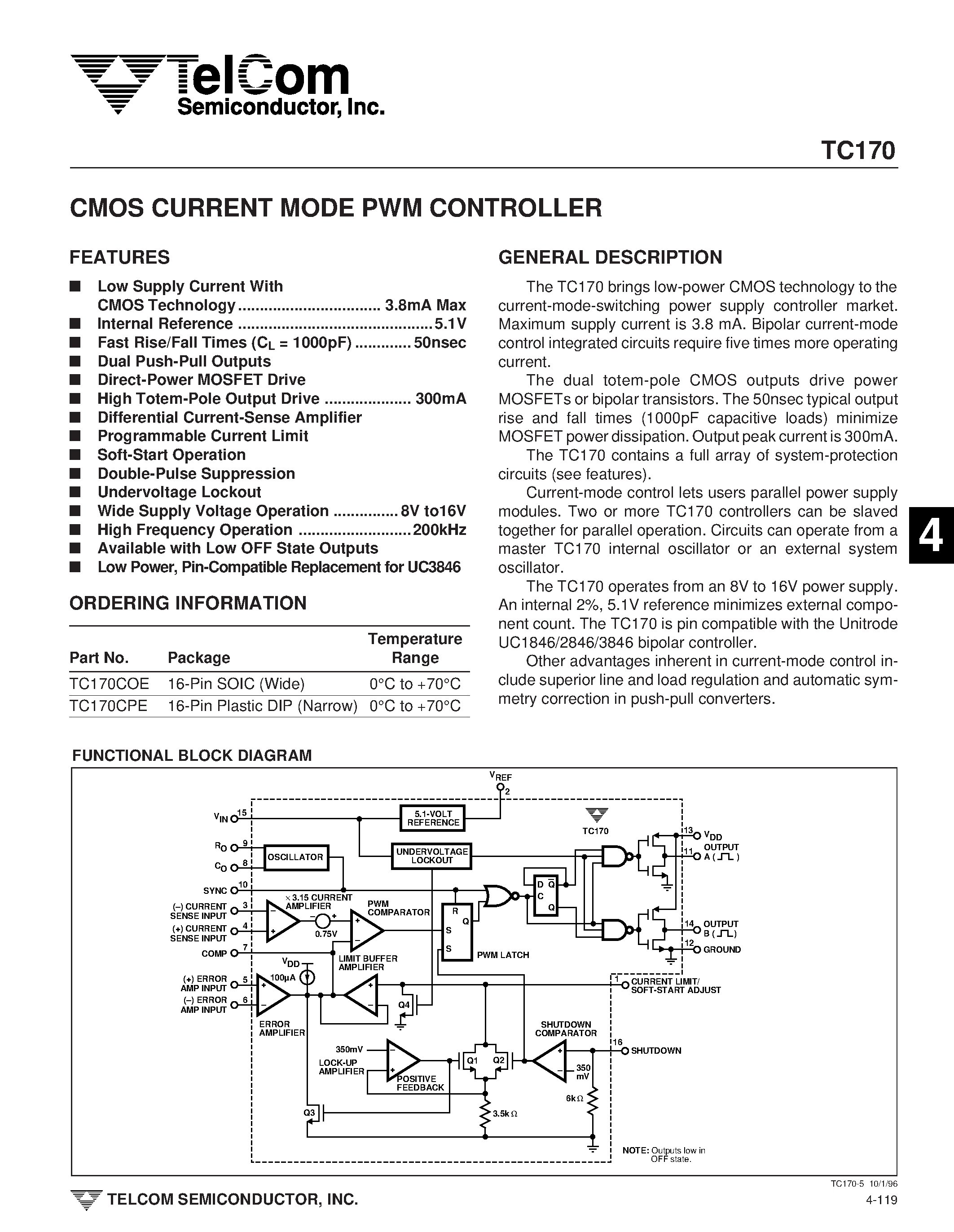 Datasheet TC170 - CMOS CURRENT MODE PWM CONTROLLER page 1