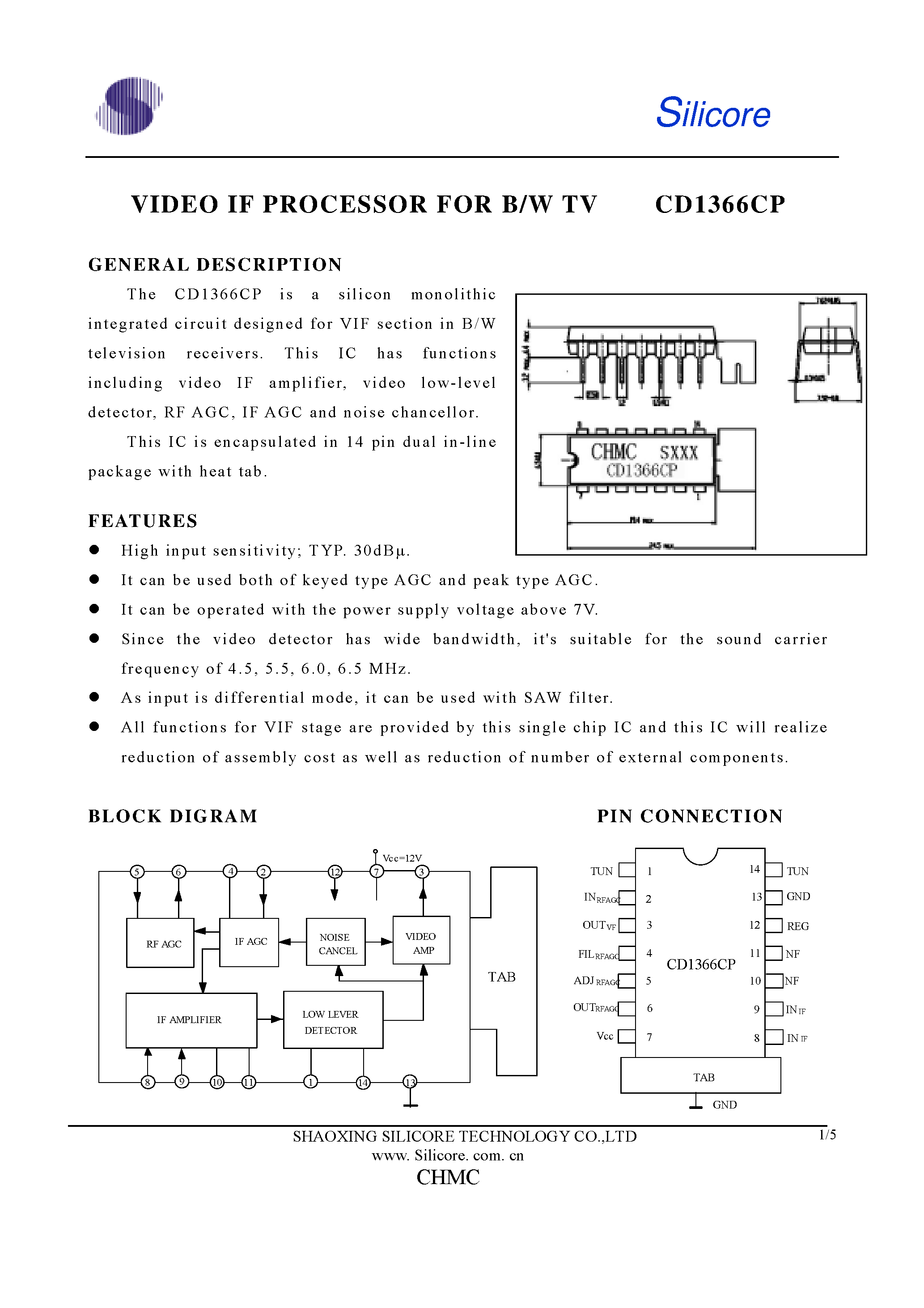 Datasheet CD1366CP - Video IF Processor for B/W TV page 1