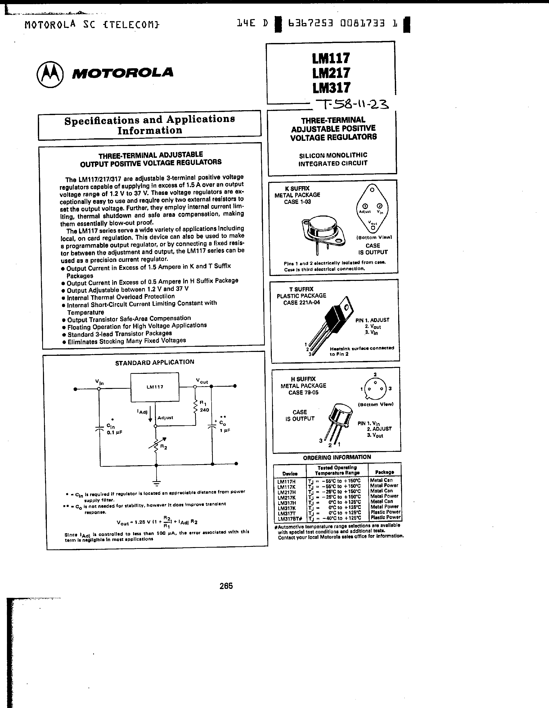 Datasheet LM317 - Specifications and Applications Information page 1