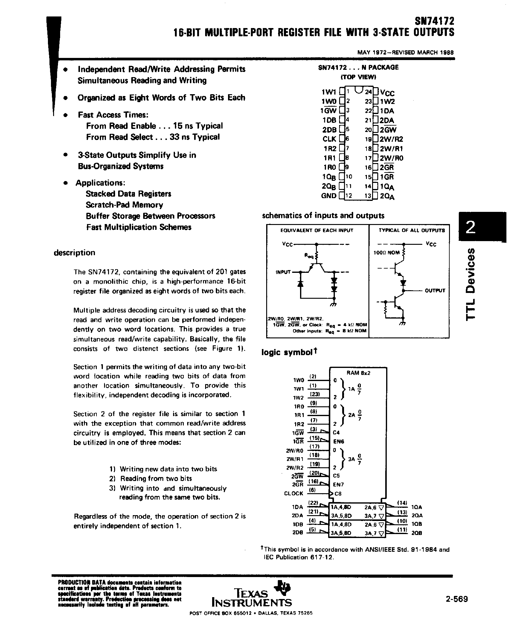 Datasheet SN74172 - 16 Bit Multiple Port Register File with 3 State Outputs page 1